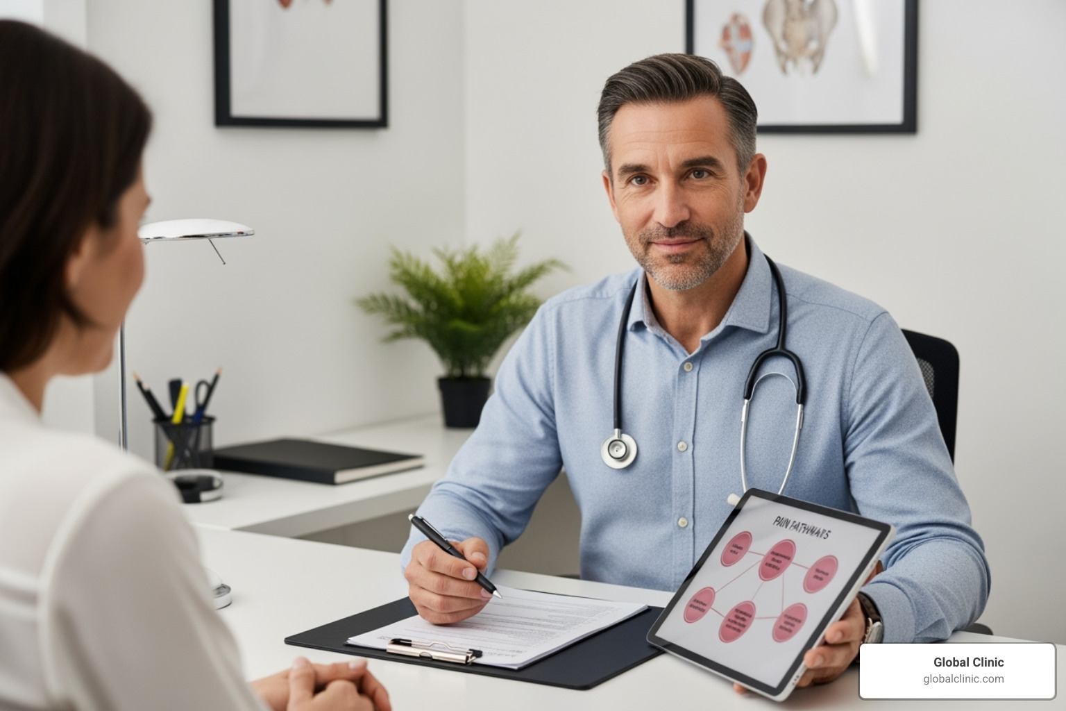Image of a person using a laptop to research doctors online, with various medical websites open - consultants in pain management