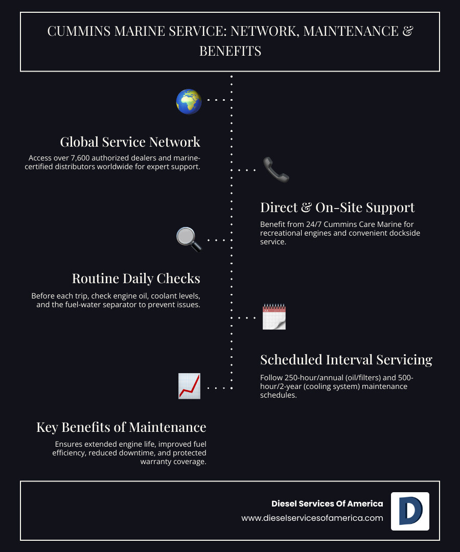 Comprehensive infographic showing Cummins marine service network including authorized dealers, marine-certified distributors, regional response teams, 24/7 support hotline, maintenance intervals (daily checks, 250-hour service, 500-hour service, 1500-hour service), and benefits of proper maintenance (extended engine life, improved fuel efficiency, reduced downtime, warranty protection) - cummins marine service infographic infographic-line-5-steps-dark
