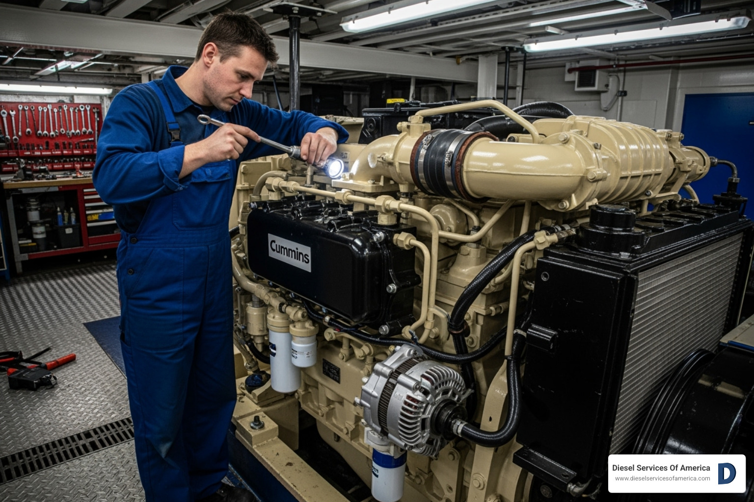 technician inspecting a Cummins marine engine's cooling system - cummins marine service