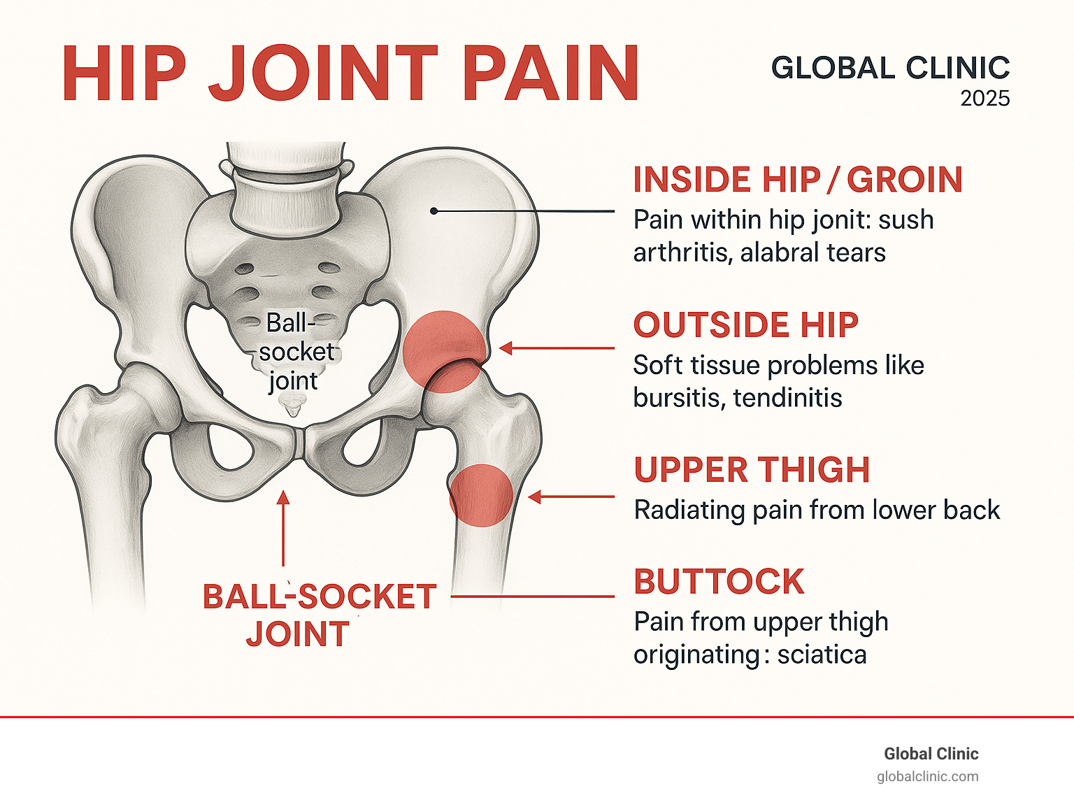 Comprehensive infographic showing hip anatomy with the ball-and-socket joint structure, highlighting different pain locations including inside hip/groin area, outside hip area, upper thigh, and buttock regions, with arrows indicating where each type of pain is typically felt and common causes for each location - Hip joint pain infographic 