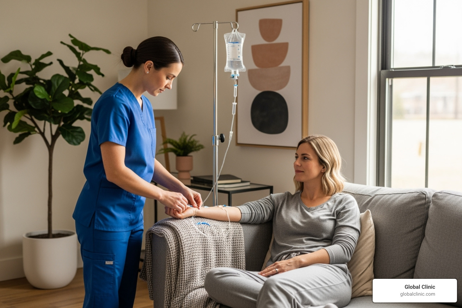 Medical professional administering an IV drip in a comfortable home setting - nad drip at home