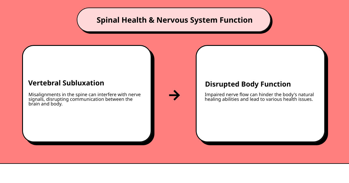 Detailed infographic showing the human spine and nervous system, illustrating how spinal misalignments can affect nerve pathways and overall body function, with arrows indicating proper nerve flow versus blocked nerve signals - chiropractice infographic cause_effect_text