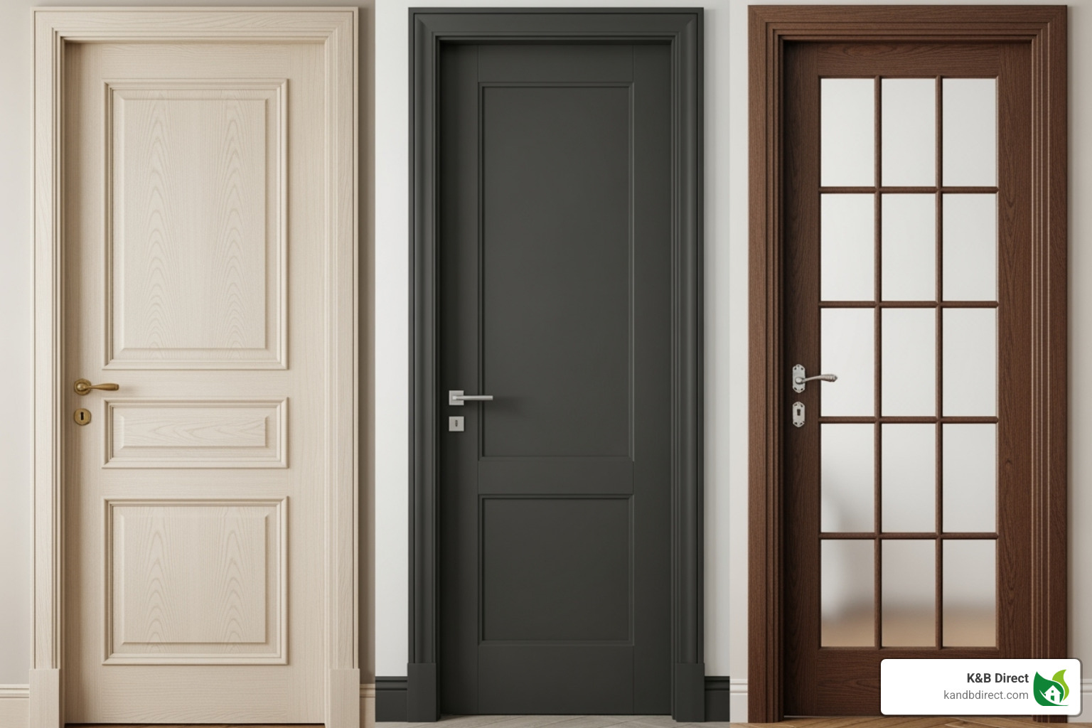 Collage of different door styles, including a 6-panel traditional door, a flush modern door, and a frosted glass French door - interior door unit Collage of different door styles, including a 6-panel traditional door, a flush modern door, and a frosted glass French door - interior door unit