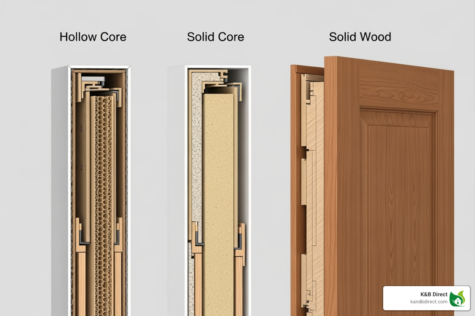 Cutaway view comparing a hollow core door, a solid core door, and a solid wood door - interior door unit Cutaway view comparing a hollow core door, a solid core door, and a solid wood door - interior door unit
