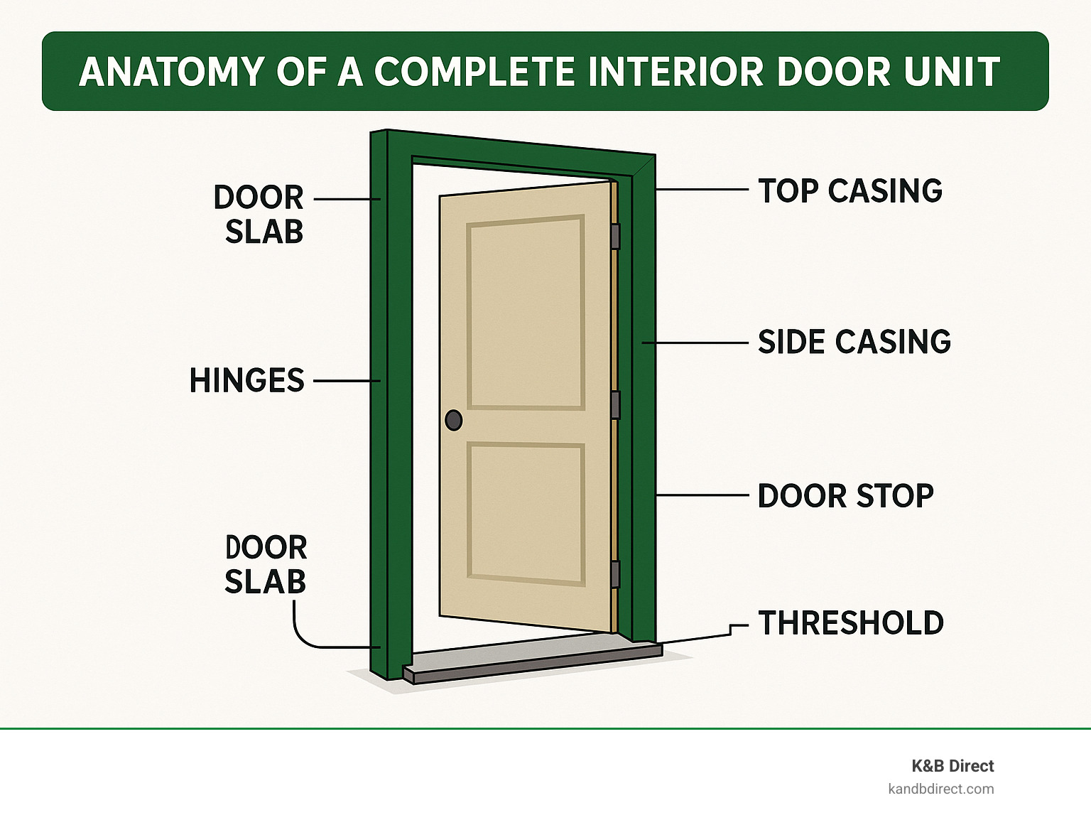 Anatomy of a complete interior door unit showing door slab, jambs, side casing, top casing, hinges, door stop, and threshold components with labels - interior door unit infographic Anatomy of a complete interior door unit showing door slab, jambs, side casing, top casing, hinges, door stop, and threshold components with labels - interior door unit infographic