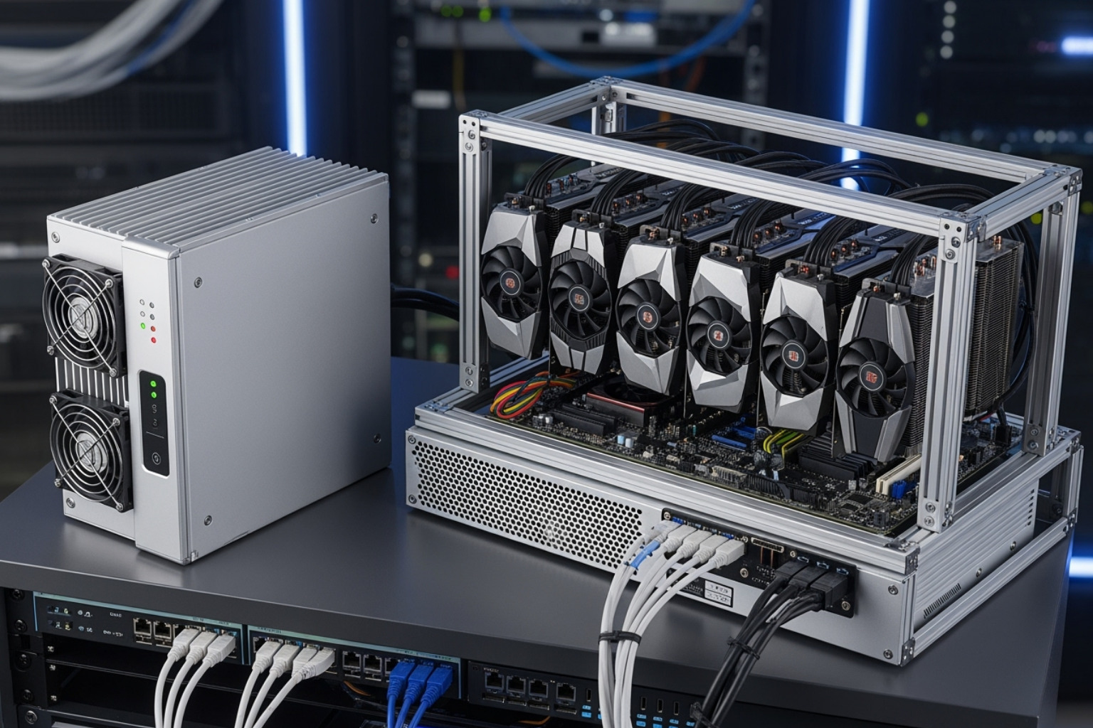 Comparing a sleek ASIC miner and a multi-GPU mining rig - fintechzoom.com bitcoin mining