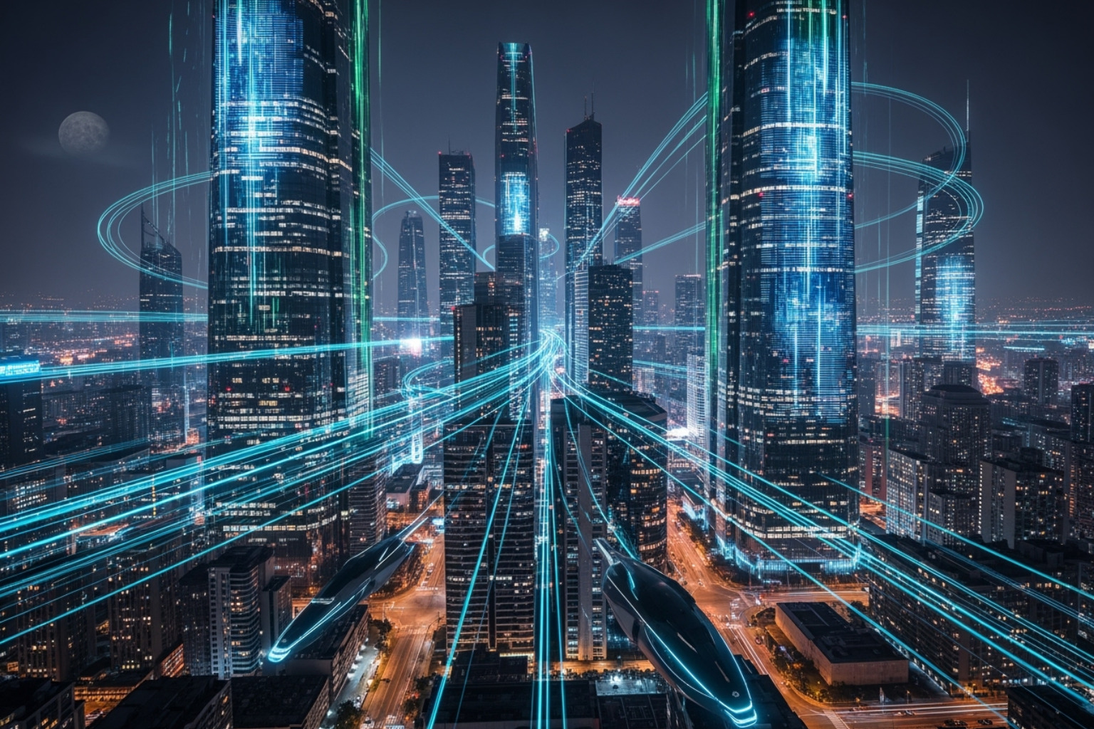 Futuristic cityscape with data streams - tech trends pboxcomputers