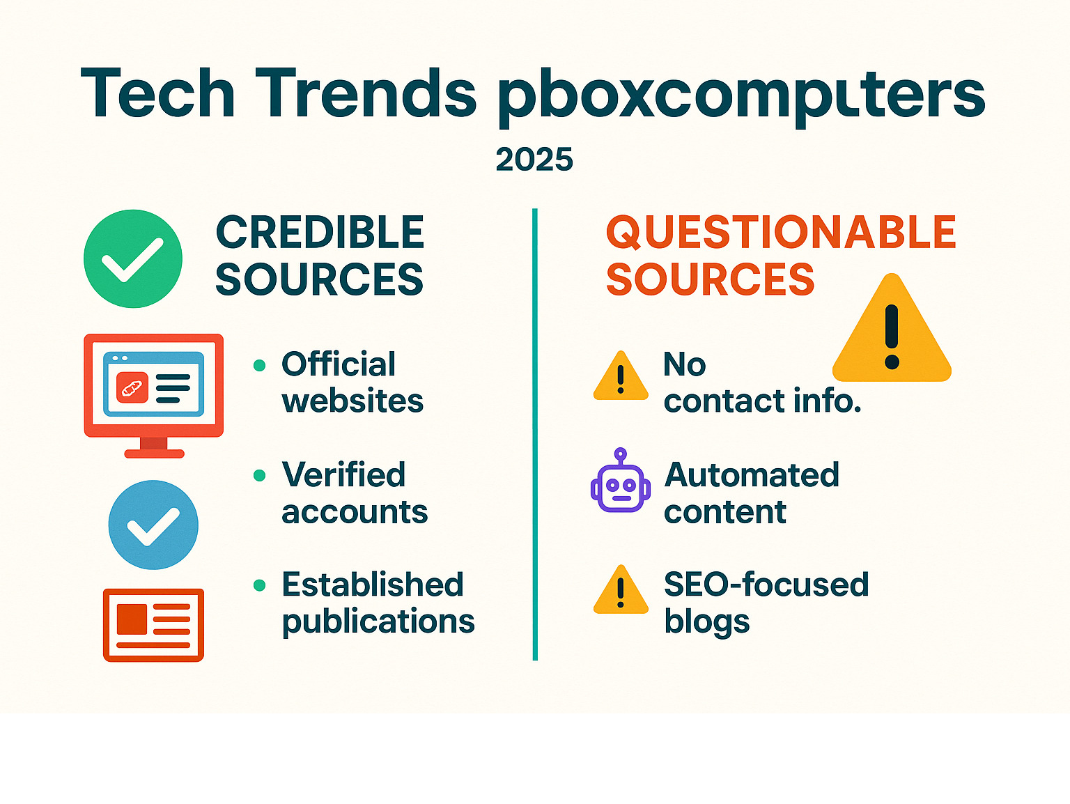 Infographic showing the difference between credible tech sources (official websites, verified accounts, established publications) versus questionable sources (no contact info, automated content, SEO-focused blogs) with checkmarks and warning signs - tech trends pboxcomputers infographic 