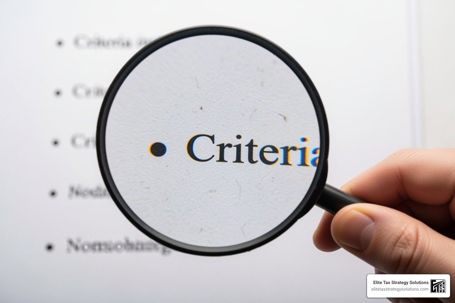 A magnifying glass over a list of criteria - taxing company that outsource for startups A magnifying glass over a list of criteria - taxing company that outsource for startups