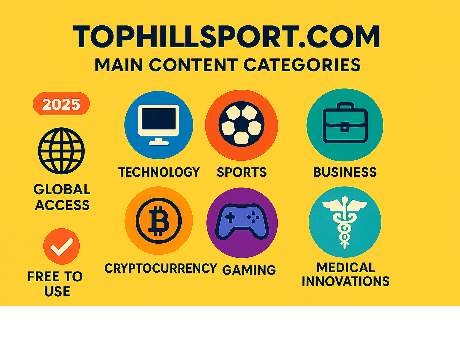 Comprehensive overview infographic showing TopHillSport.com's main content categories including technology, sports, business, cryptocurrency, gaming, and medical innovations, with icons representing each category and statistics about global access and free usage - tophillsport com infographic 