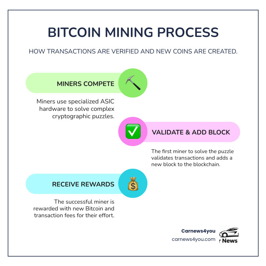Infographic showing Bitcoin mining process: 1) Miners compete to solve cryptographic puzzles using specialized ASIC hardware, 2) Winner validates transactions and adds new block to blockchain, 3) Network rewards successful miner with Bitcoin, 4) Process repeats every 10 minutes, securing the network and creating new coins Infographic showing Bitcoin mining process: 1) Miners compete to solve cryptographic puzzles using specialized ASIC hardware, 2) Winner validates transactions and adds new block to blockchain, 3) Network rewards successful miner with Bitcoin, 4) Process repeats every 10 minutes, securing the network and creating new coins