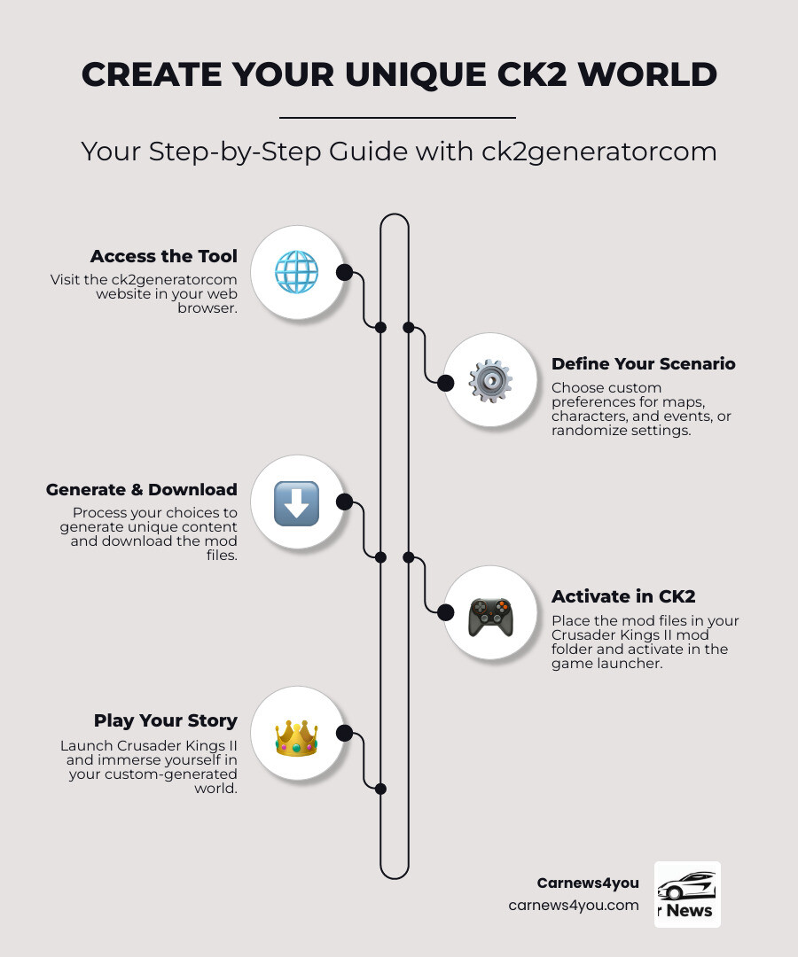 Step-by-step process showing: 1) Visit ck2generator.com website 2) Choose custom preferences or randomize settings 3) Generate and download mod files 4) Activate mod in Crusader Kings II and start playing your unique world - ck2generatorcom infographic infographic-line-5-steps-neat_beige Step-by-step process showing: 1) Visit ck2generator.com website 2) Choose custom preferences or randomize settings 3) Generate and download mod files 4) Activate mod in Crusader Kings II and start playing your unique world - ck2generatorcom infographic infographic-line-5-steps-neat_beige