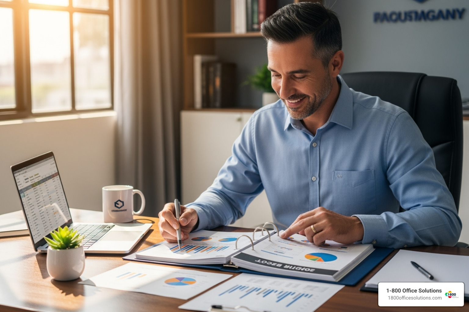 a business owner reviewing a budget with a smile - copier lease a business owner reviewing a budget with a smile - copier lease