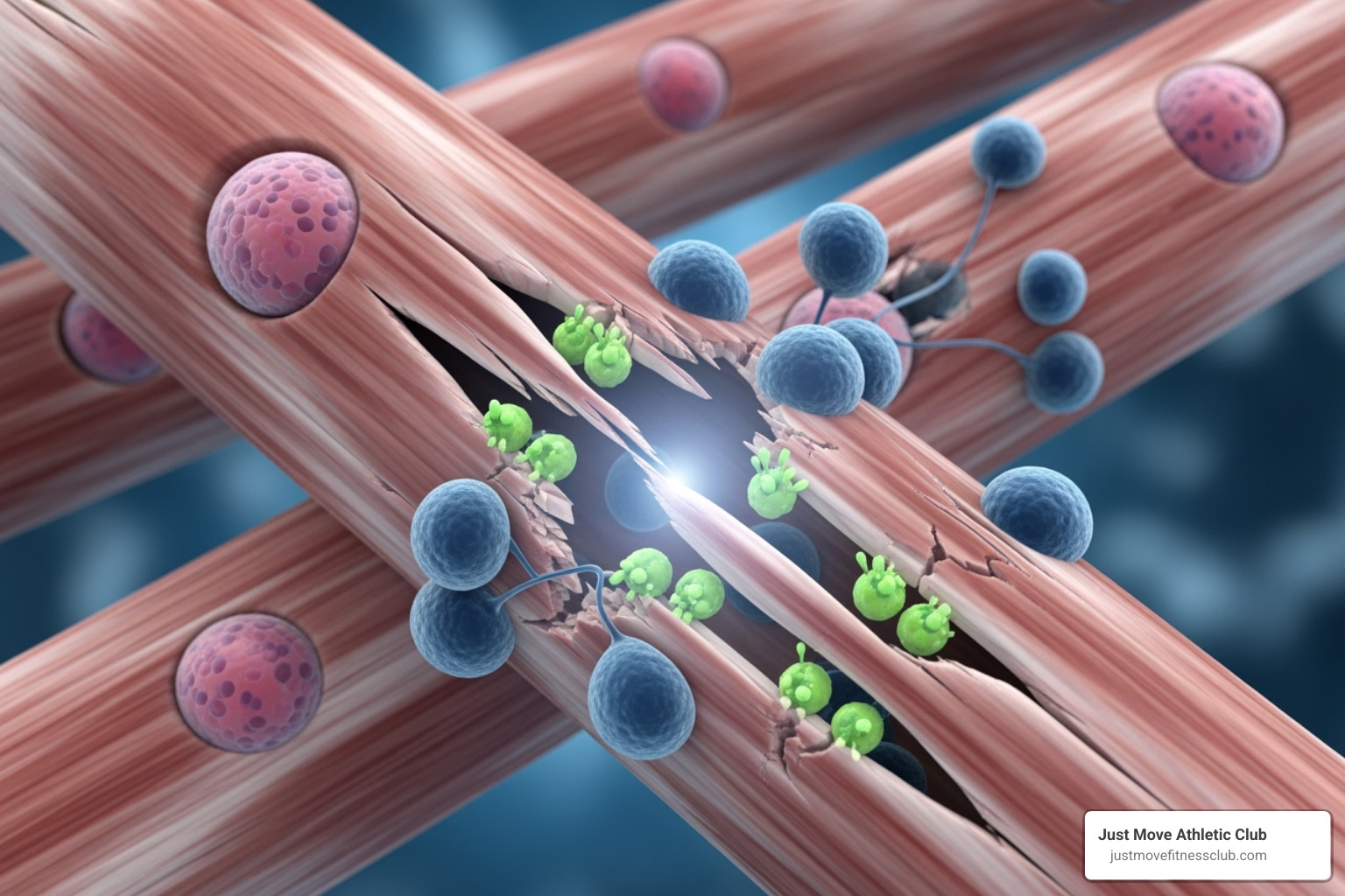 Illustration showing muscle fiber micro-tears and subsequent repair and growth - beginner workout for muscle growth