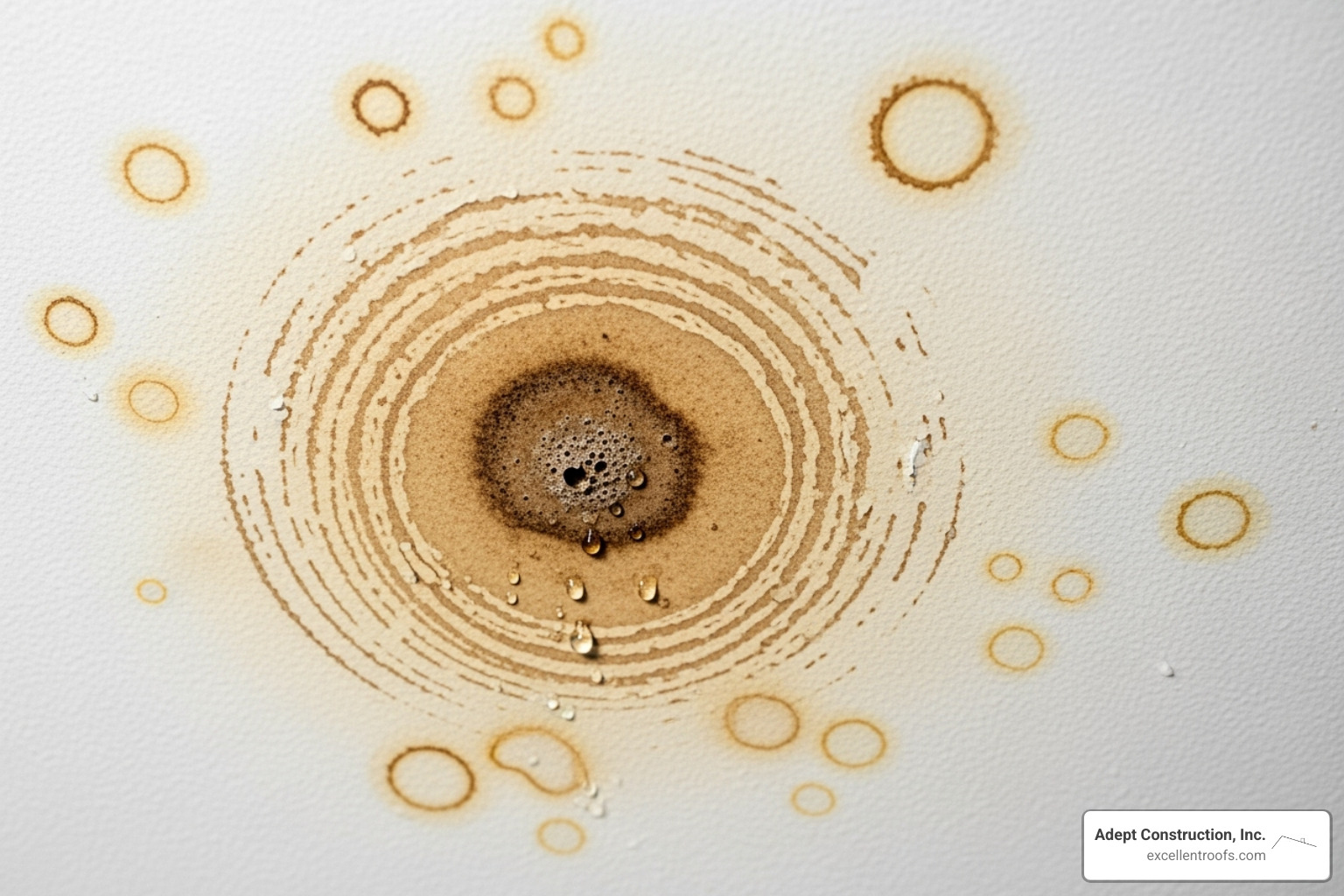 water stains on a ceiling below a roof leak - roofing repair companies nearby