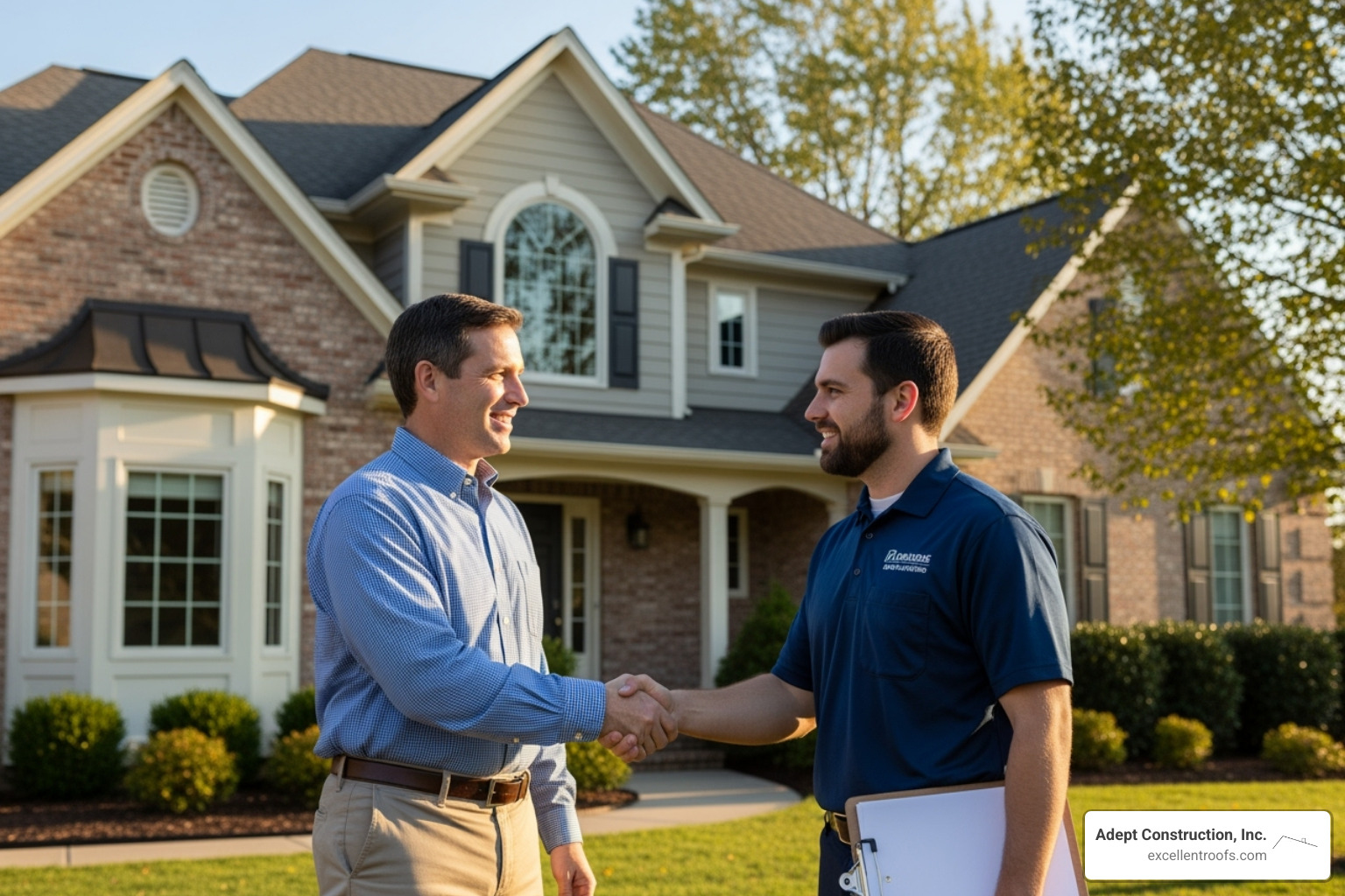 homeowner shaking hands with a professional, licensed roofer - roofing repair companies nearby