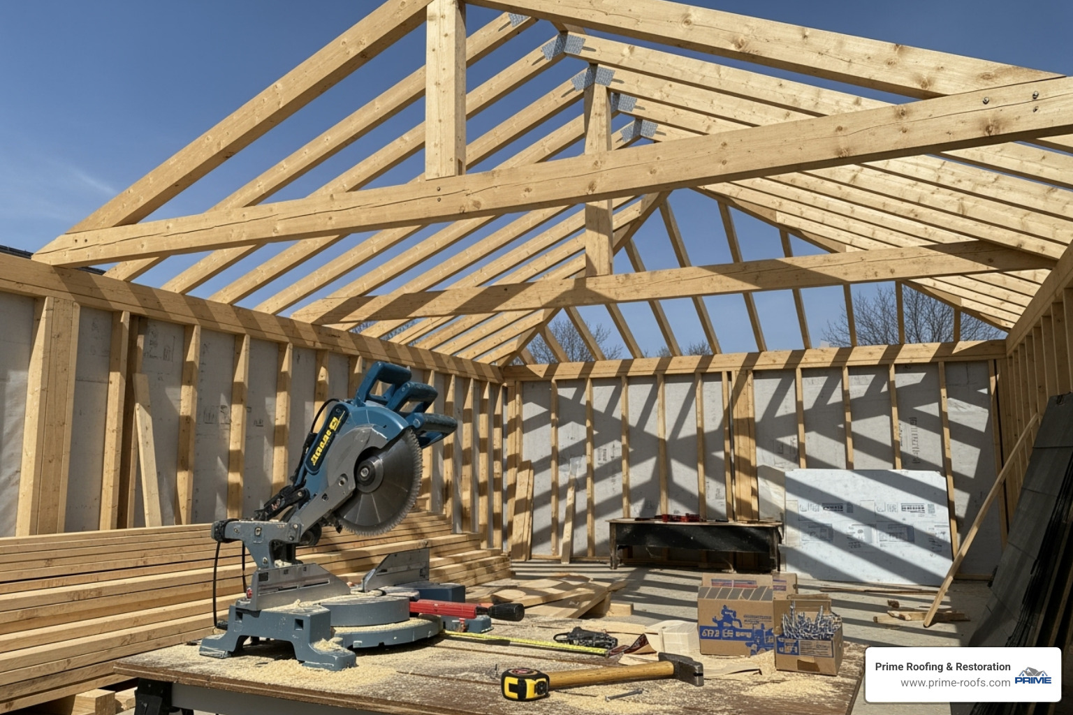 Patio roof under construction, showing the framework - patio roof contractors near me
