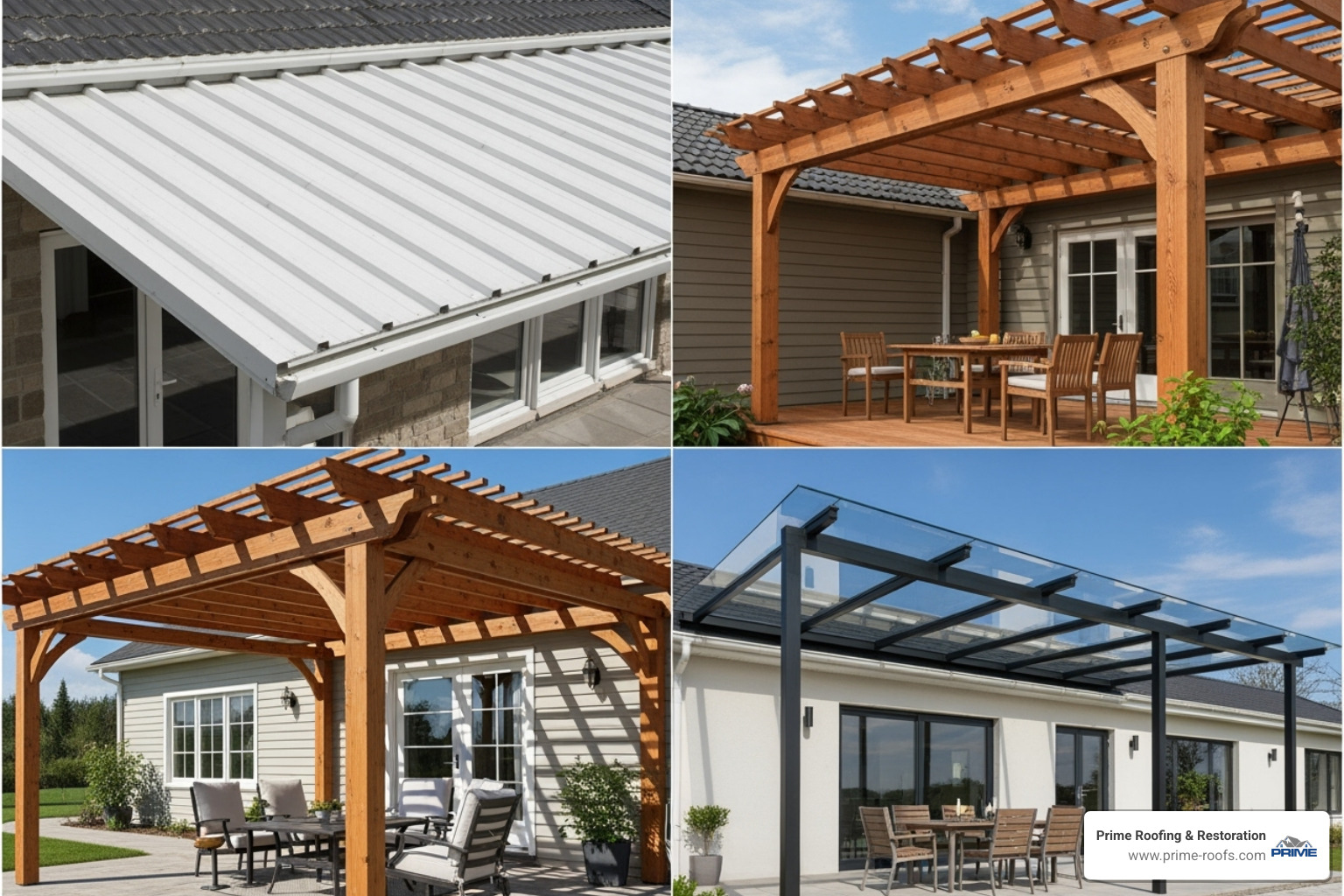 Collage showing different patio roof styles: a solid insulated roof, a classic wood pergola, and a modern glass roof - patio roof contractors near me