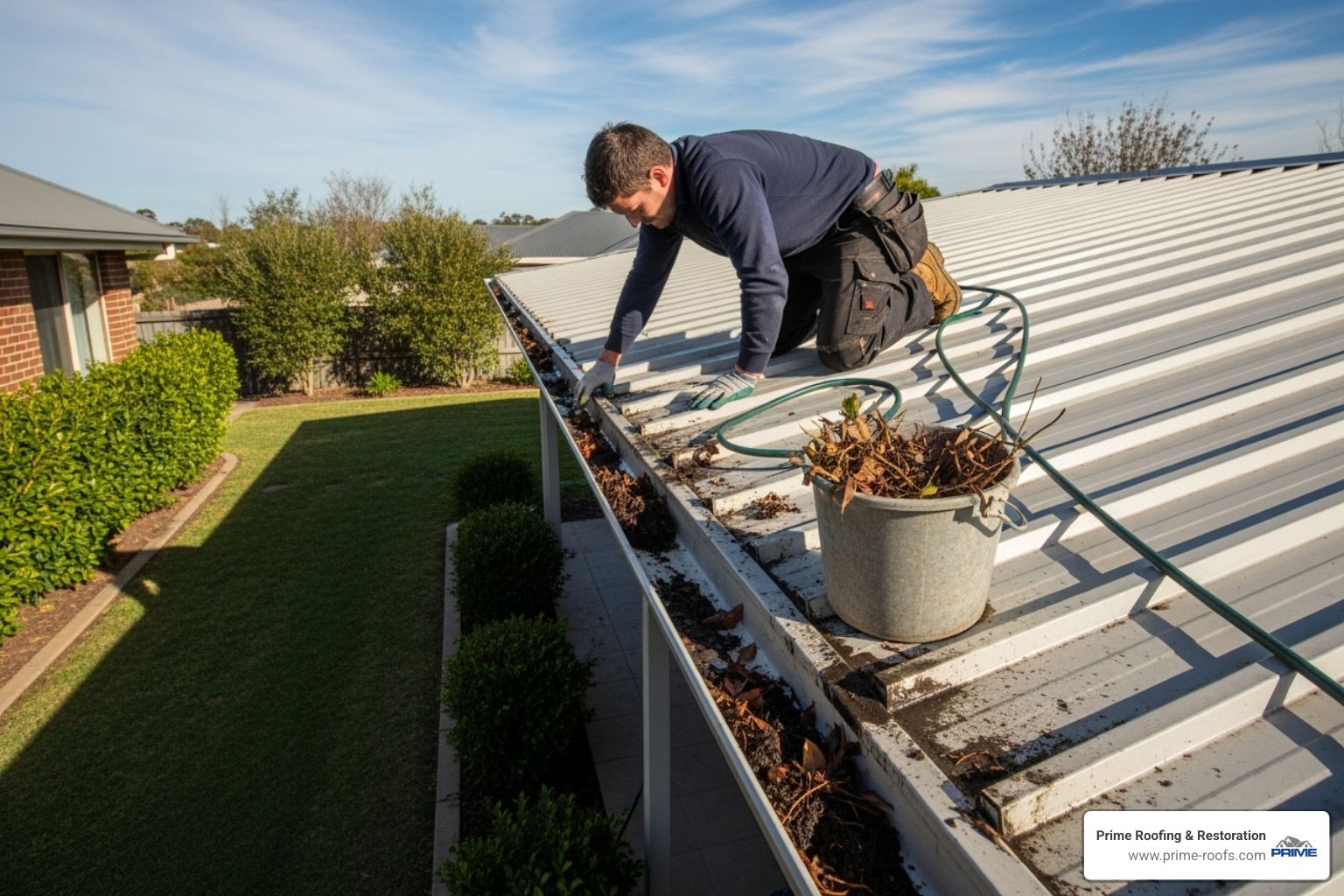 Person cleaning gutters on a patio roof - patio roof contractors near me