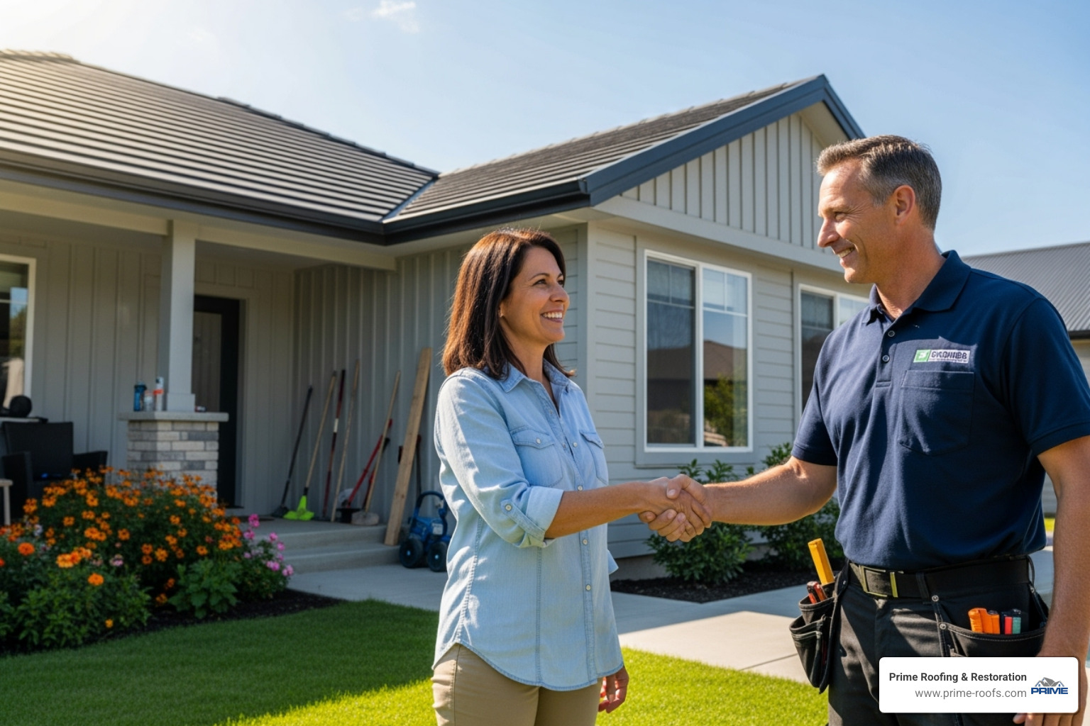 Homeowner smiling and shaking hands with a contractor - patio roof contractors near me