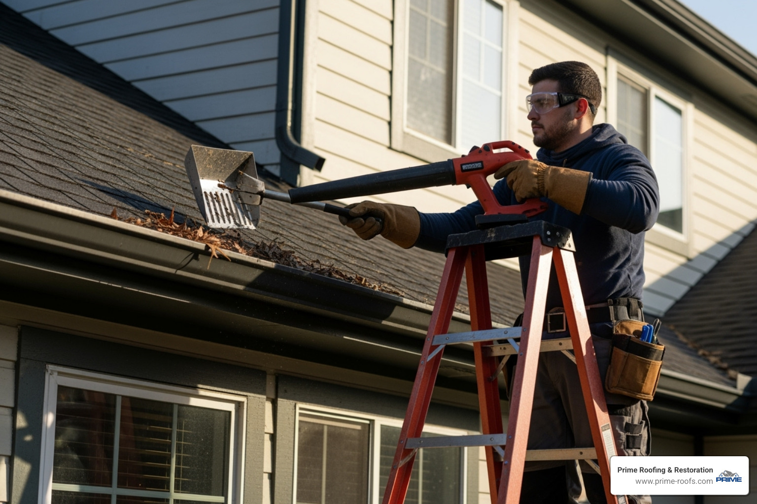 Image of a person safely cleaning gutters with proper tools, including gloves, safety goggles, and a sturdy ladder - gutter and roof repair