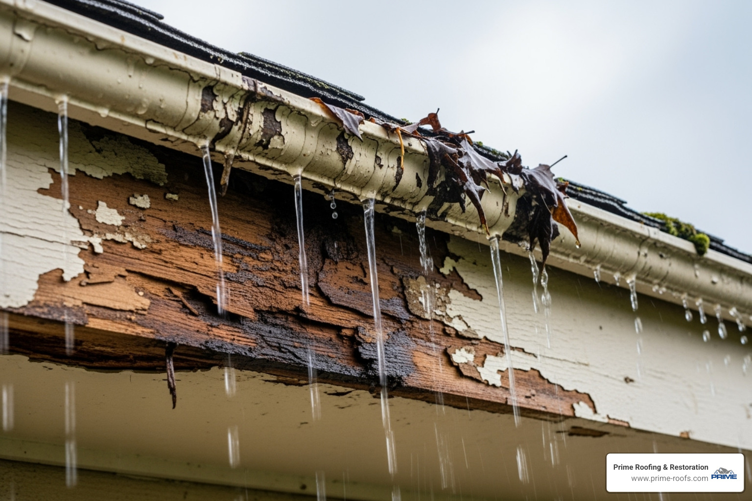 Image of a damaged roof fascia board caused by a clogged gutter, showing water stains and wood rot - gutter and roof repair