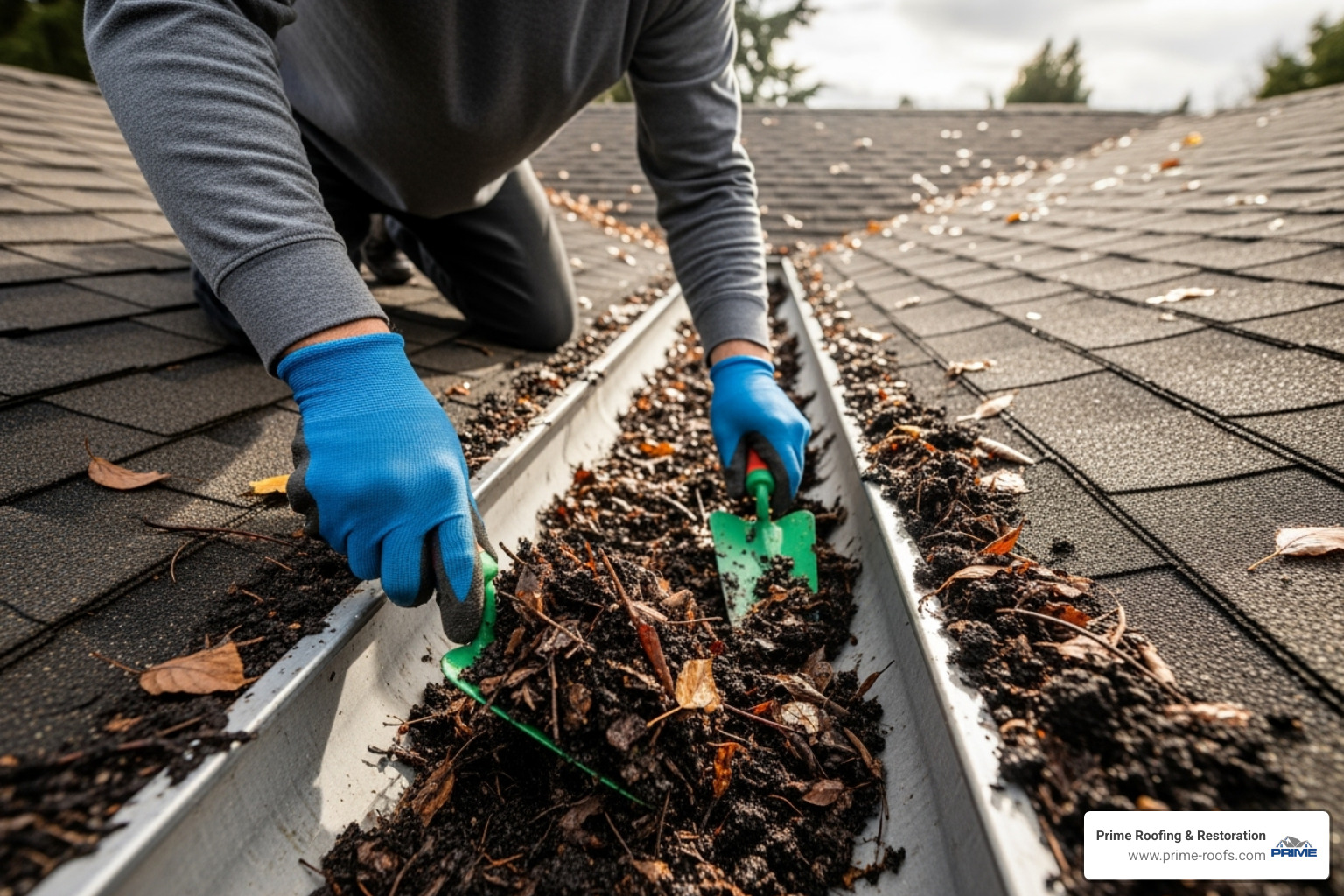 homeowner cleaning debris from a patio roof gutter - patio roof construction