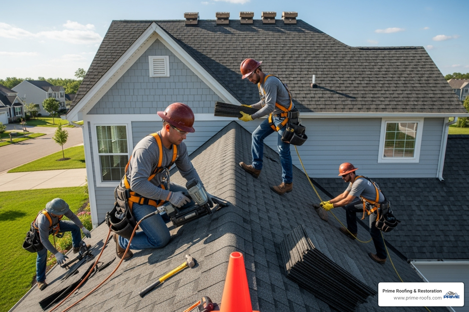 Image of the Prime Roofing & Restoration team working on a roof, demonstrating safety and professionalism - gutter and roof repair