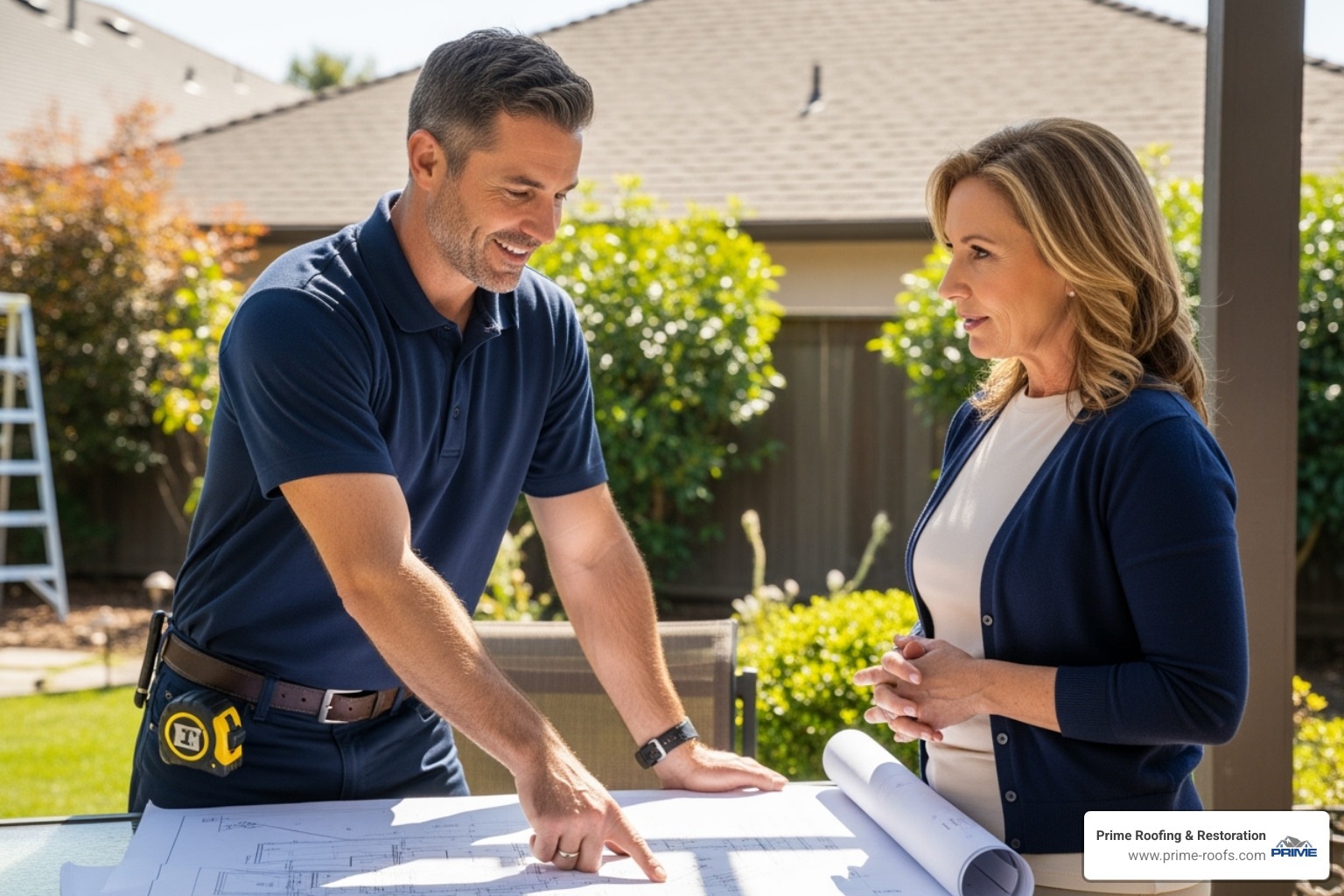 Friendly roofer discussing project details with a homeowner, pointing to roof plans - your local roofers