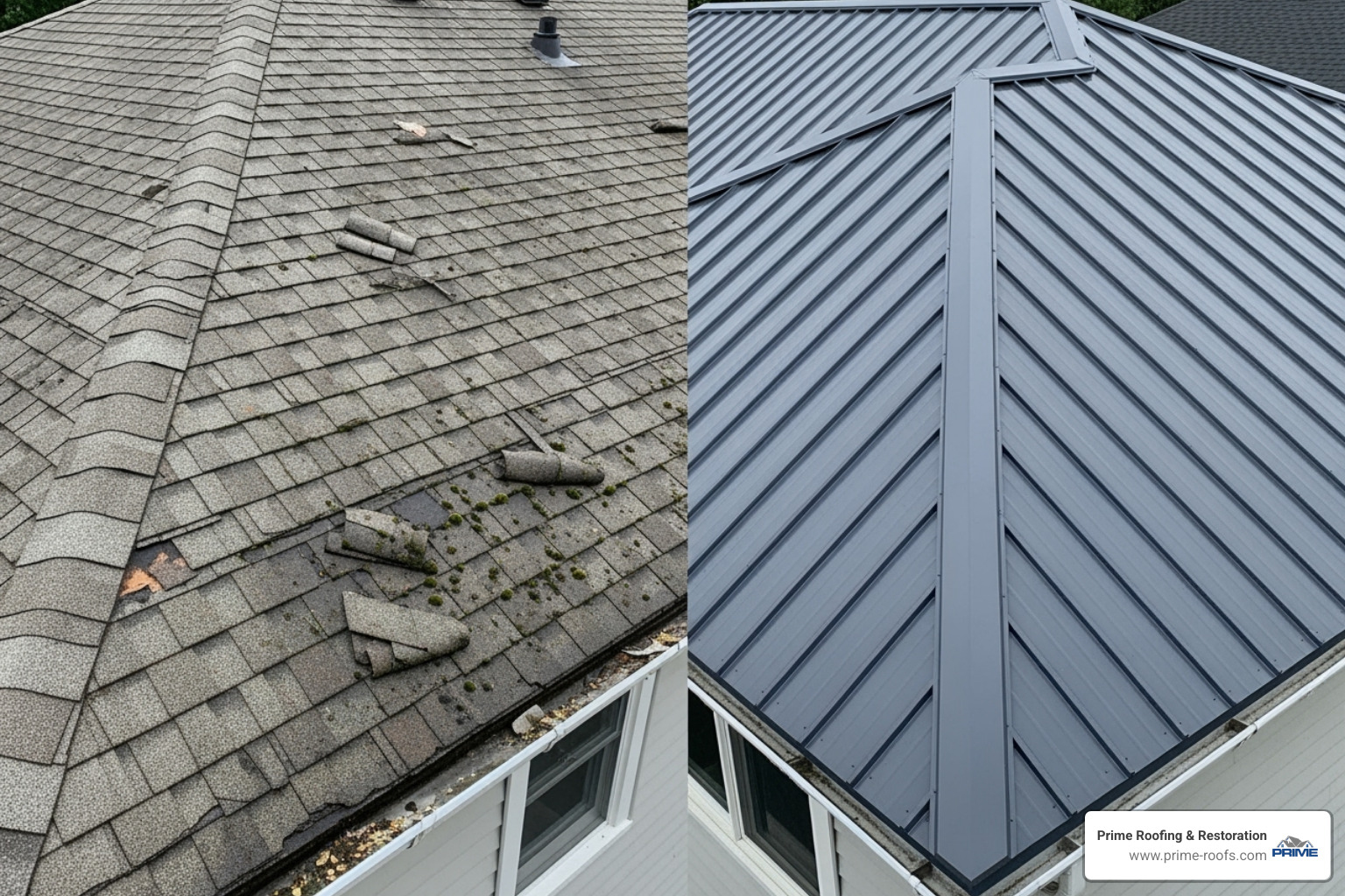Comparison of a worn, old asphalt shingle roof next to a vibrant, newly installed metal roof - your local roofers