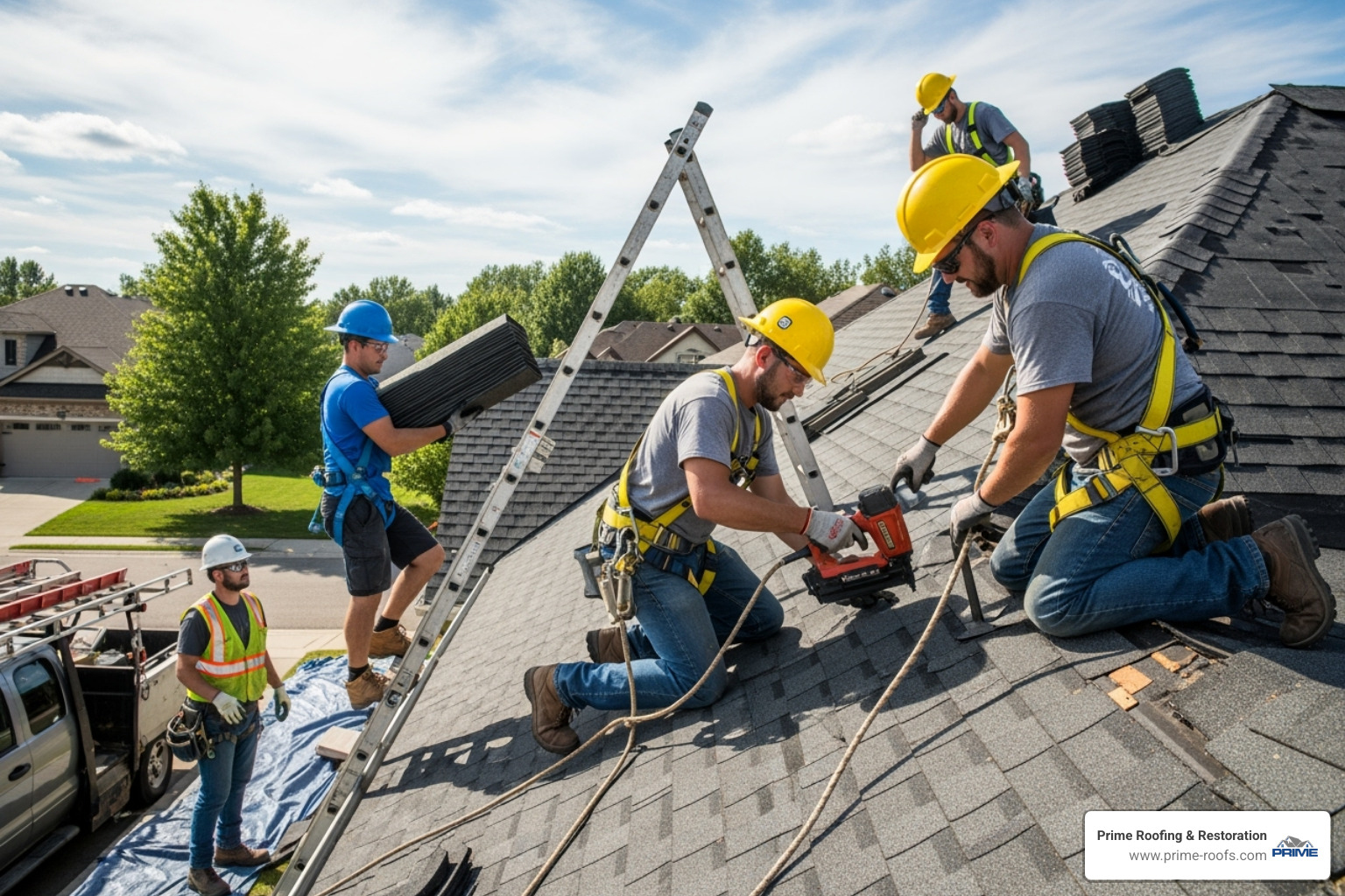 Roofing crew working safely on a roof replacement project, with proper safety equipment - your local roofers