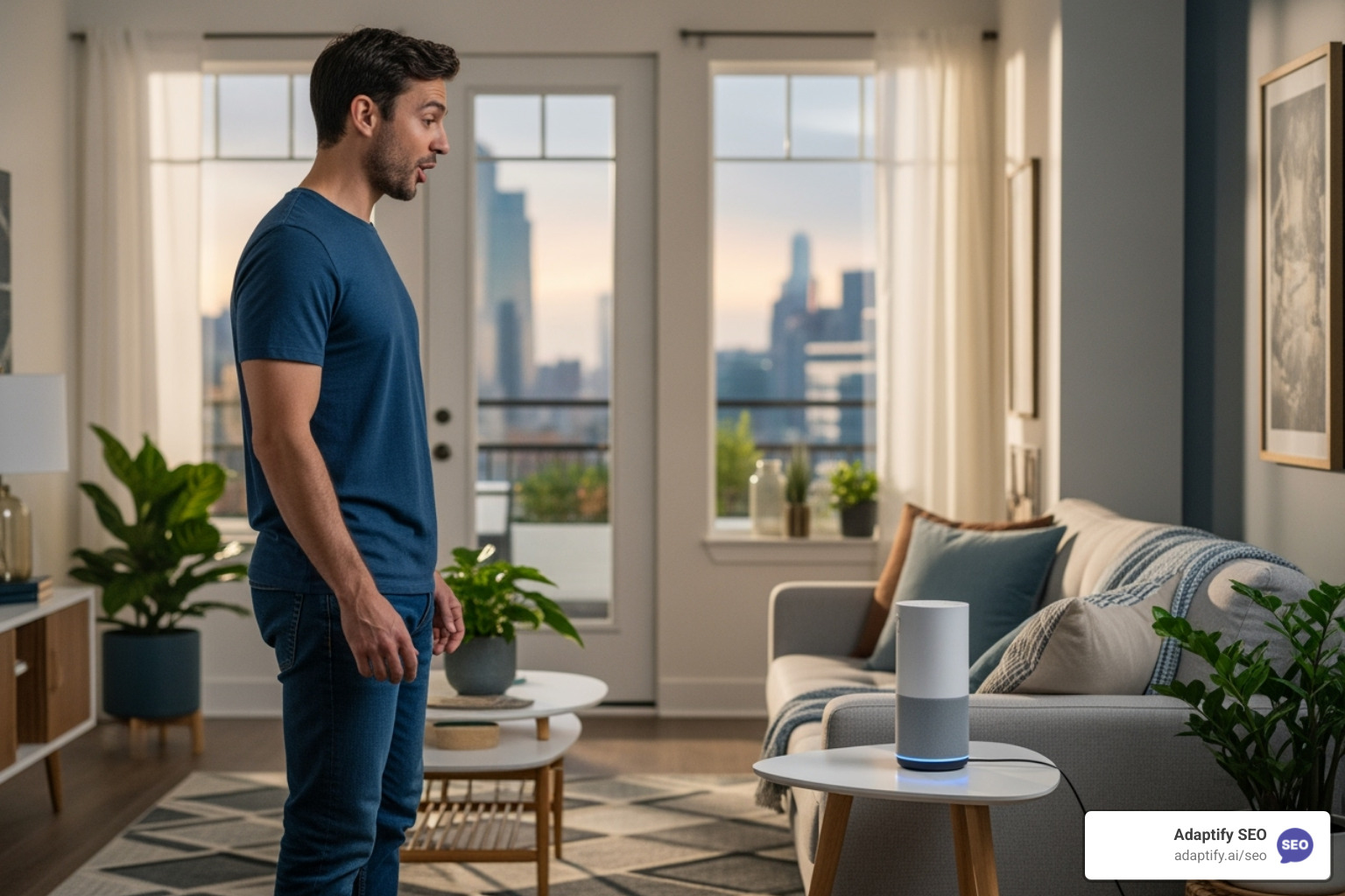 A person using voice search on a smart speaker, illustrating the shift to conversational queries - what role does ai play in modern seo strategies