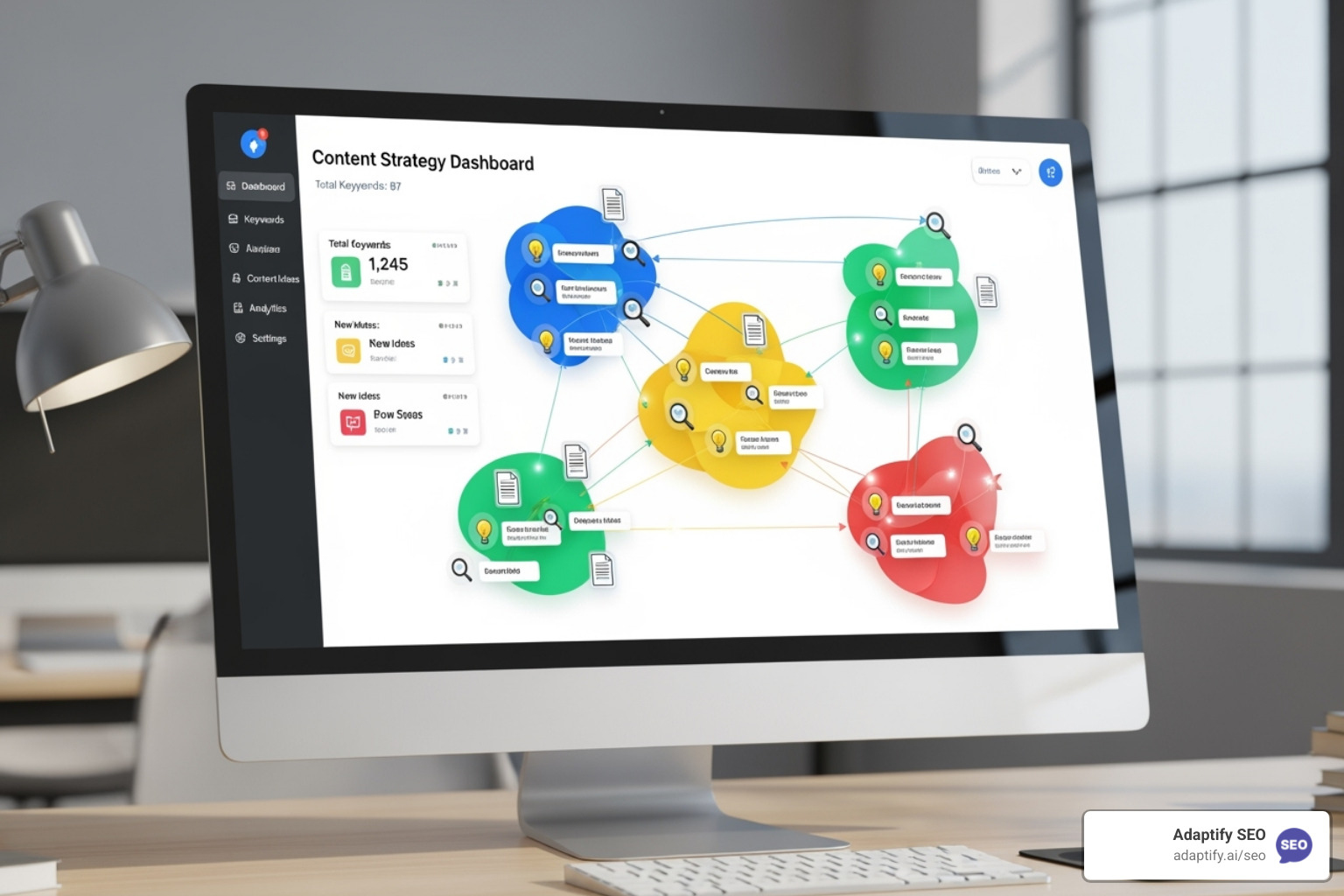 A dashboard showing AI-generated keyword clusters and content ideas, illustrating the power of AI in streamlining content strategy - what role does ai play in modern seo strategies