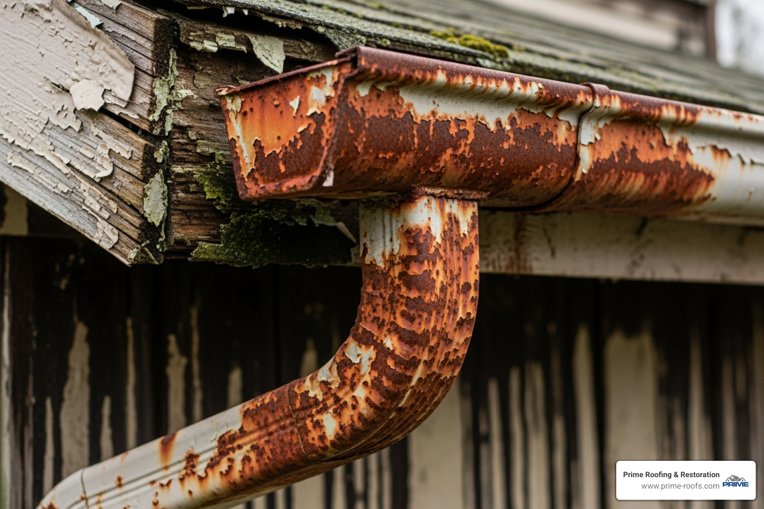 sagging, rusty gutter with peeling paint - roof gutter replacement near me