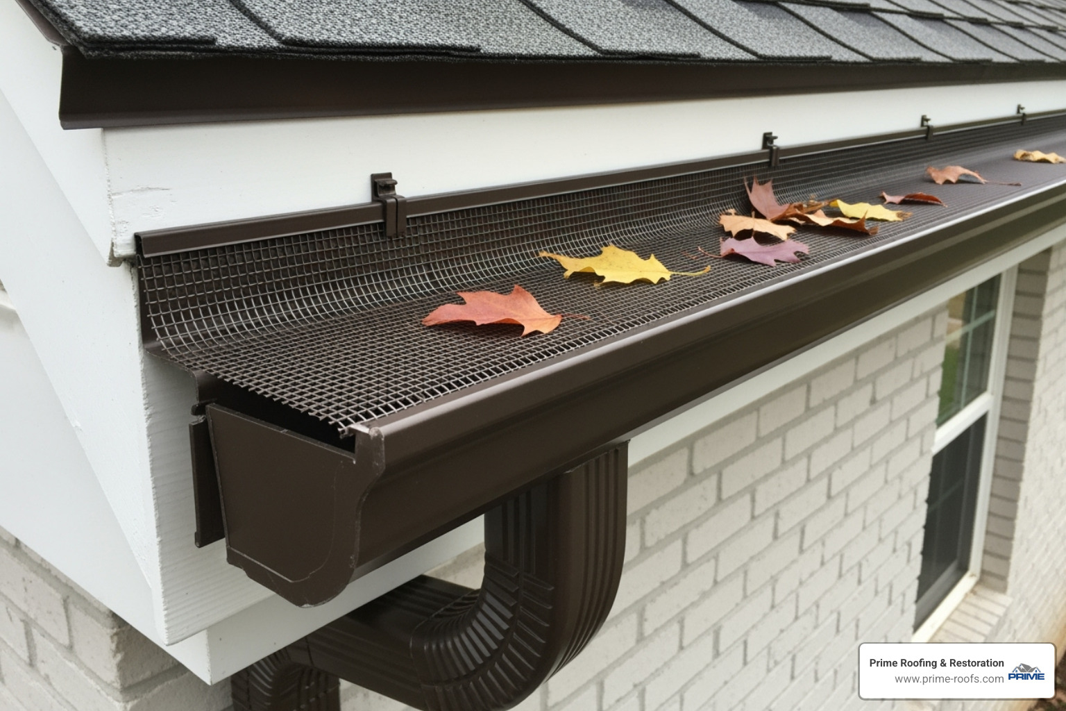 clean, new gutters with leaf guards installed - roof gutter replacement near me