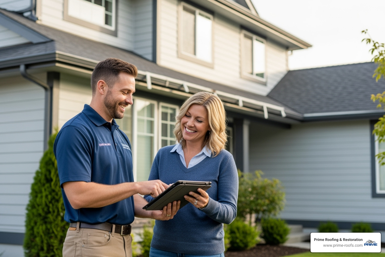 friendly, professional contractor from Prime Roofing & Restoration discussing options with a homeowner - roof gutter replacement near me