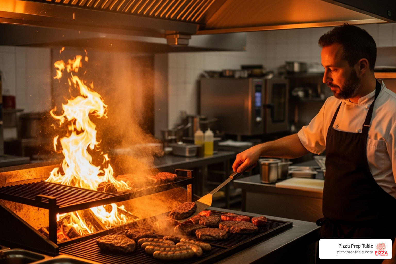 chef tending to a large wood-fired grill with visible flames - infrared charbroiler grill chef tending to a large wood-fired grill with visible flames - infrared charbroiler grill