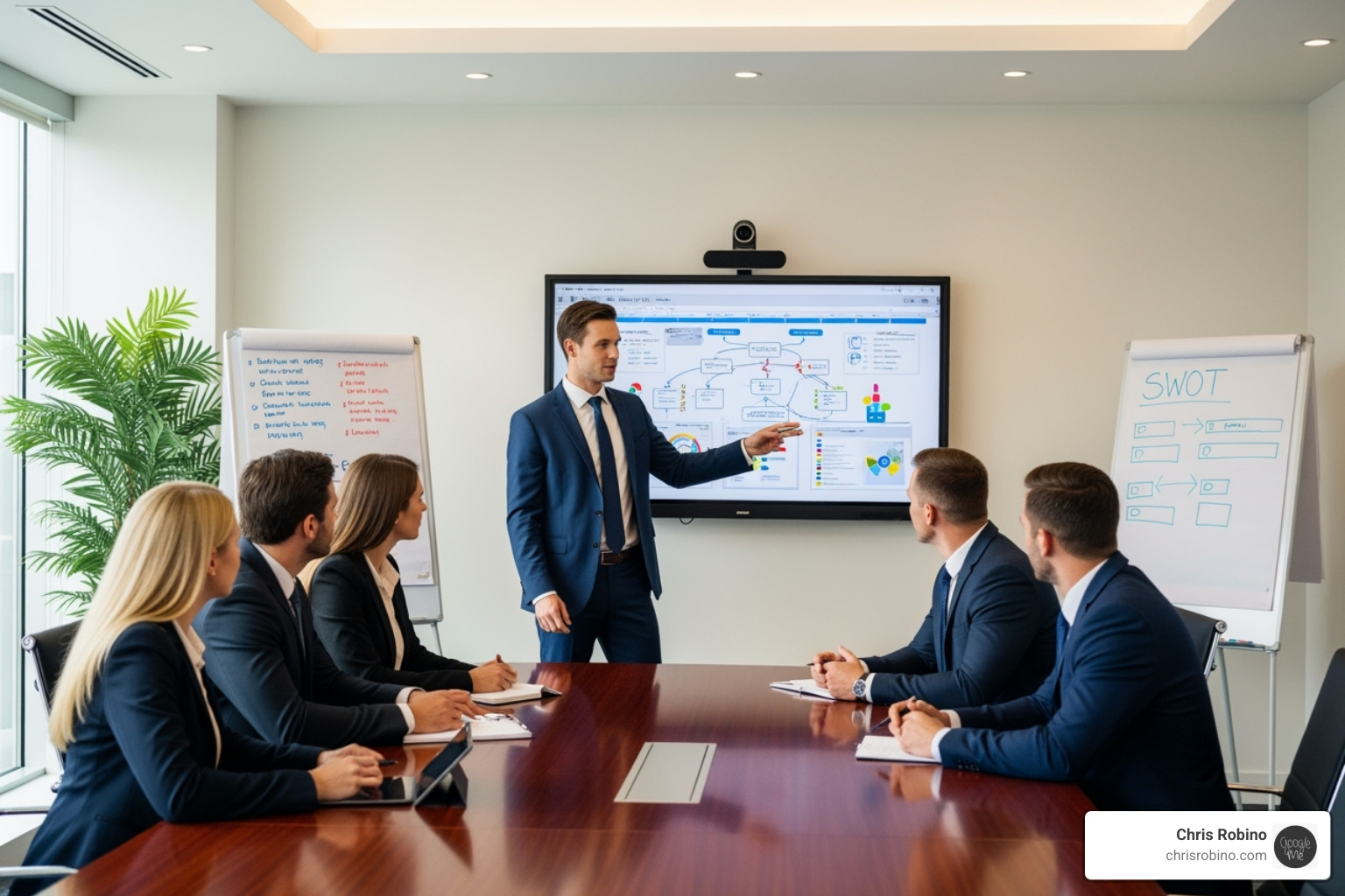 A consultant, dressed professionally, stands in front of a large screen displaying a strategic roadmap or complex data visualizations. They are gesturing towards the screen while engaging with a small group of attentive client leadership team members seated at a conference table. The atmosphere is collaborative and focused, with whiteboards or flip charts in the background suggesting ideation. - business and technology consulting