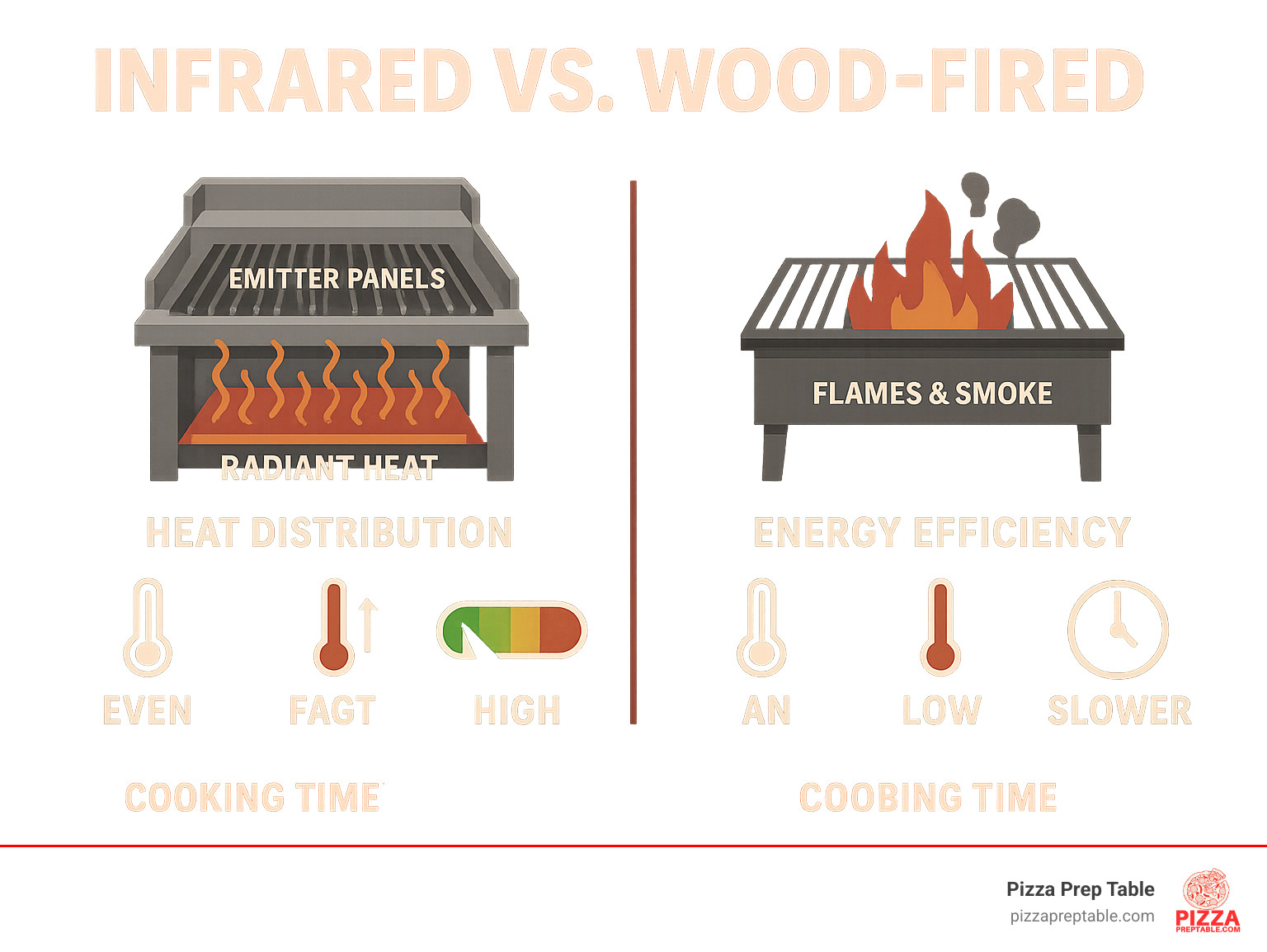 Detailed comparison infographic showing infrared charbroiler technology with emitter panels creating radiant heat waves versus wood-fired grill with visible flames and smoke, including heat distribution patterns, energy efficiency ratings, and cooking time differences - infrared charbroiler grill infographic  Detailed comparison infographic showing infrared charbroiler technology with emitter panels creating radiant heat waves versus wood-fired grill with visible flames and smoke, including heat distribution patterns, energy efficiency ratings, and cooking time differences - infrared charbroiler grill infographic