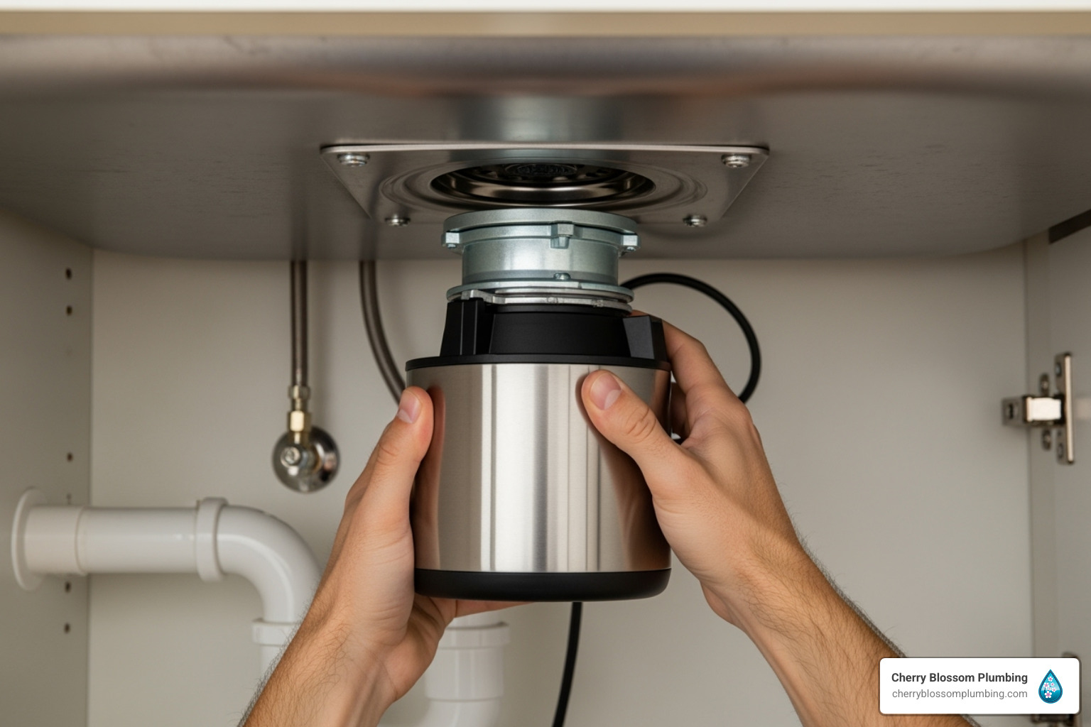 new disposal being lifted and attached to the mounting ring - install a garbage disposal