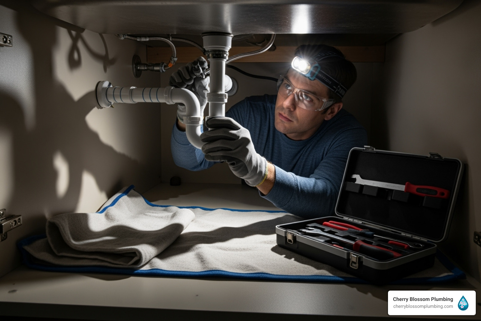 person safely working under a kitchen sink with proper lighting - install a garbage disposal
