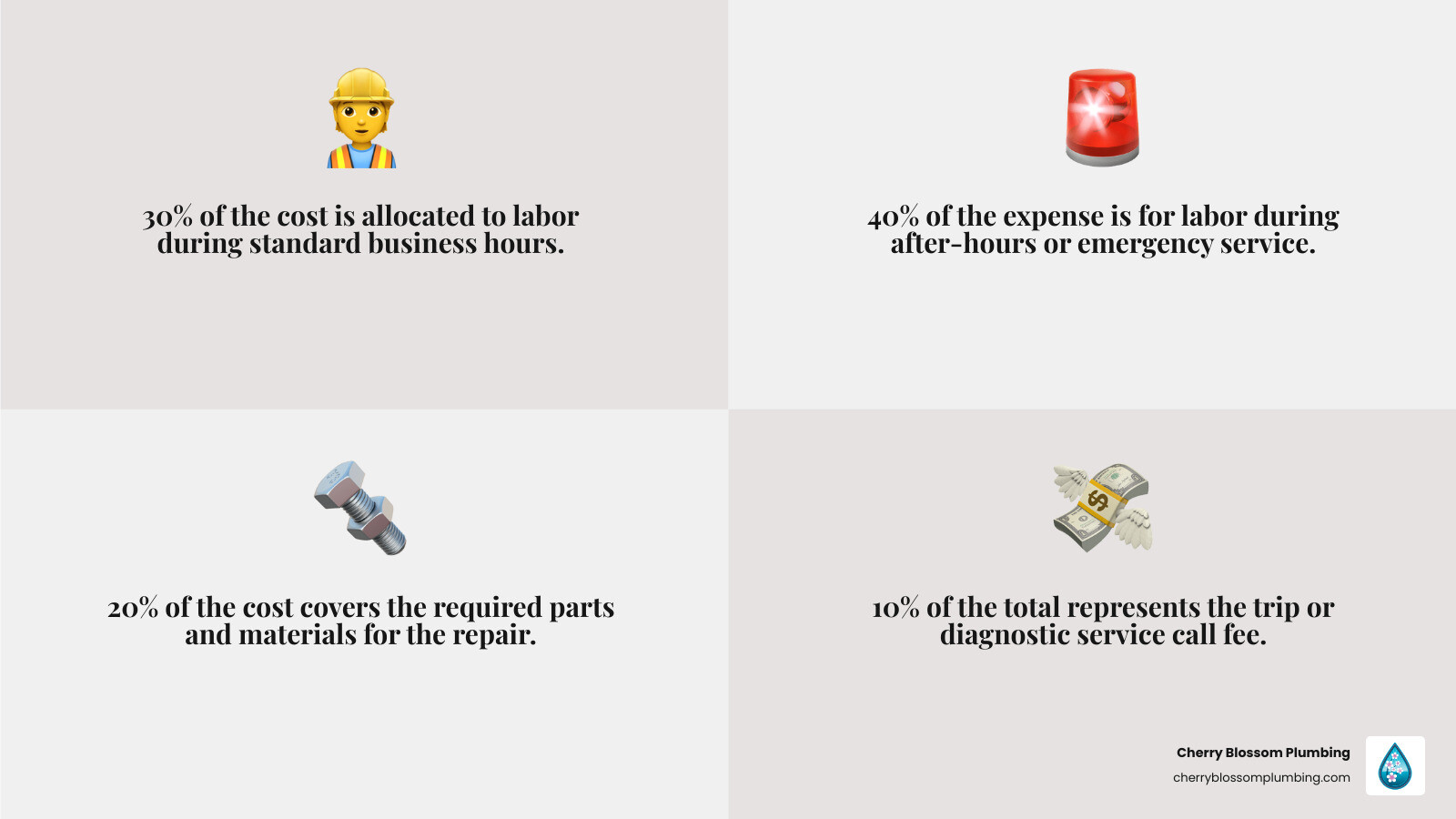 Infographic showing average cost breakdown for emergency plumbing services: 30% labor (regular hours), 40% labor (after-hours/emergency), 20% parts, 10% trip/diagnostic fee - Emergency plumber Fairfax VA infographic 4_facts_emoji_grey