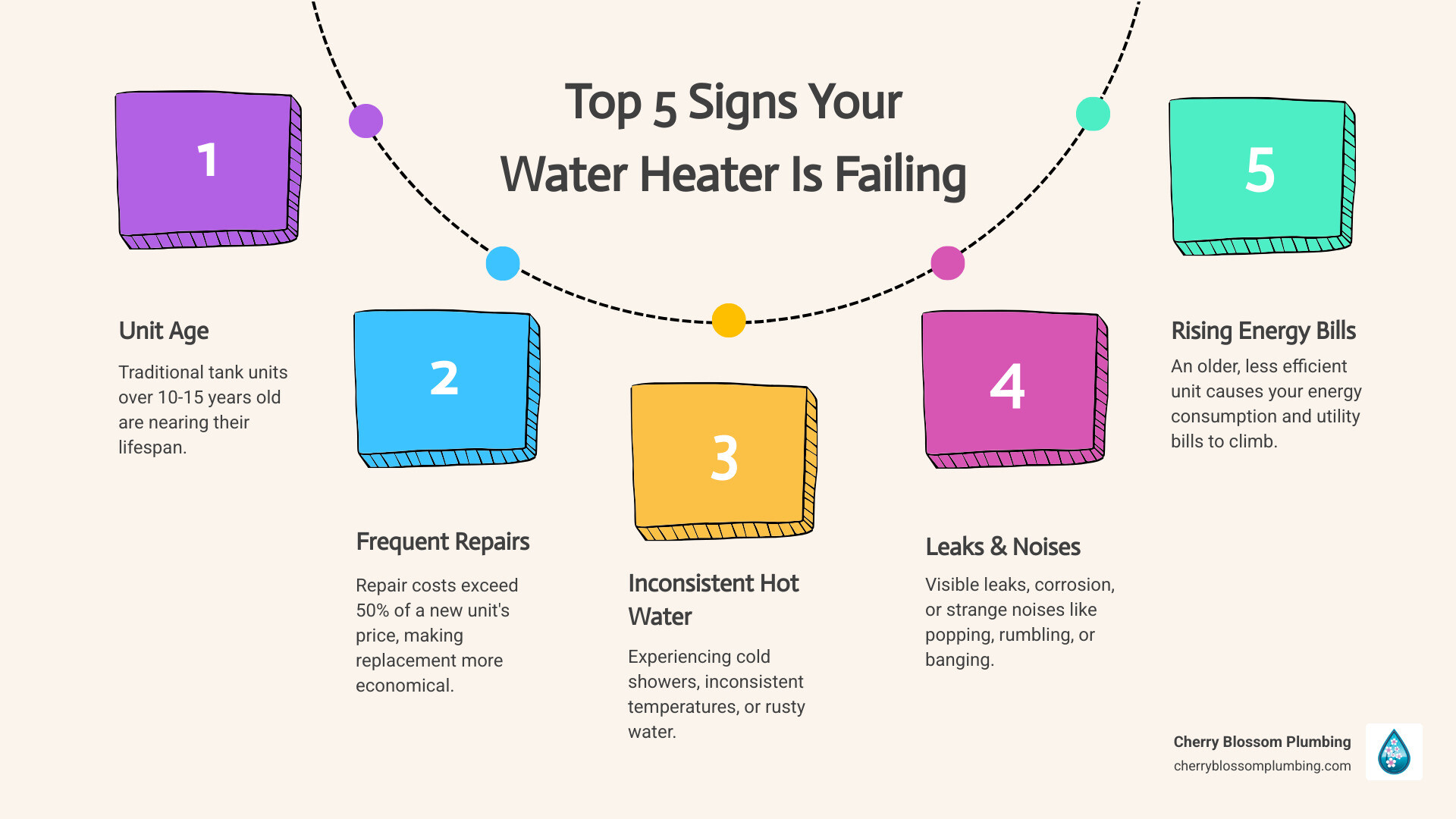 Infographic showing the top 5 signs a water heater is failing: age over 10-15 years, frequent repairs costing more than 50% of replacement price, inconsistent water temperature and rusty water, visible leaks or corrosion around the tank, and strange noises like popping or rumbling sounds - Hot water heater replacement infographic process-5-steps-informal