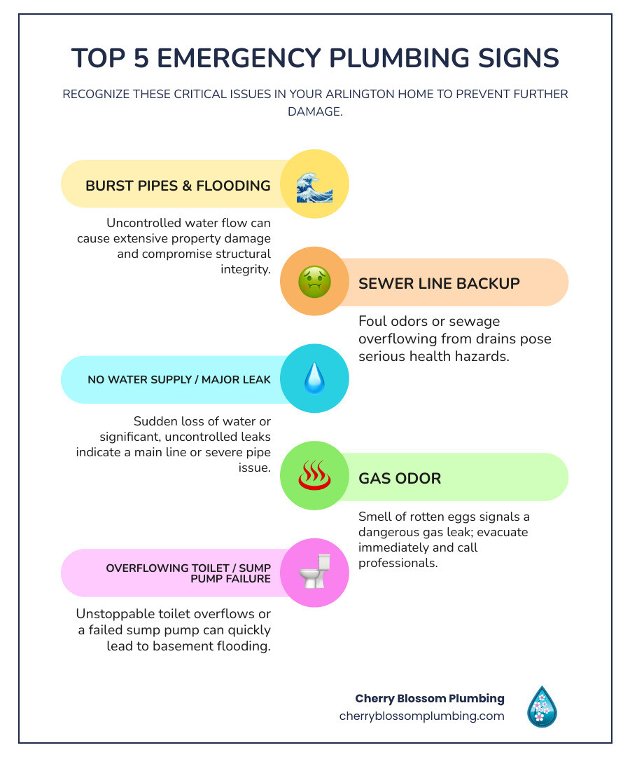 Infographic showing the top 5 signs you need an emergency plumber: burst pipes with flooding, sewage backup odors, complete loss of water pressure, gas leak smell, and overflowing toilets that won't stop - 24 hour plumber arlington infographic infographic-line-5-steps-colors