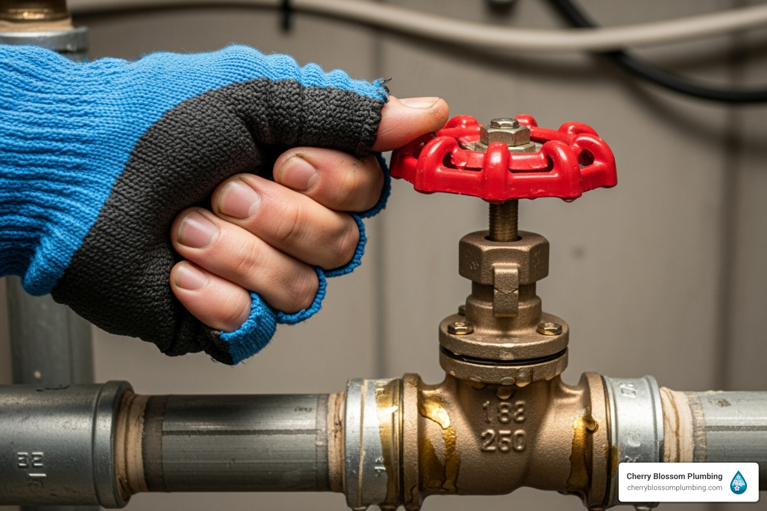 A hand turning a red main water shut-off valve - Emergency plumber Fairfax VA
