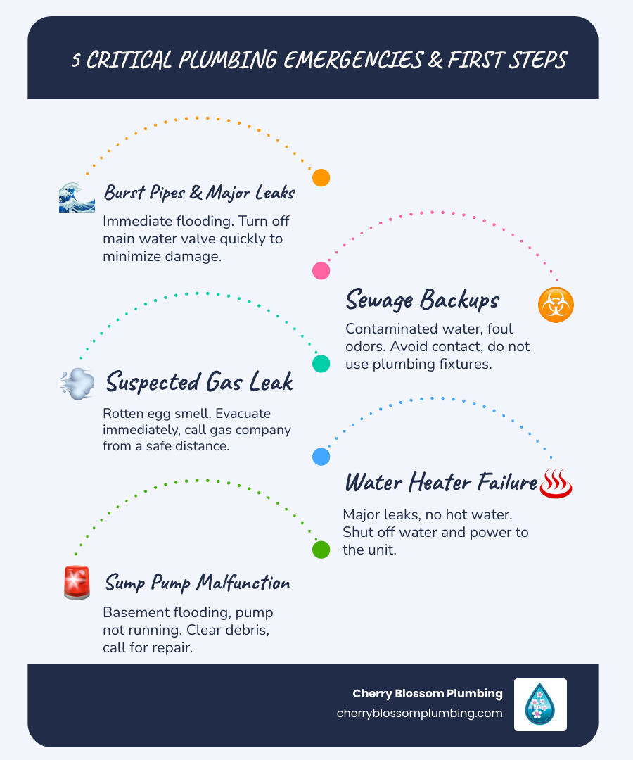 Emergency plumbing response guide showing 5 critical signs: burst pipes with water spraying, sewage backup in drains, gas leak warning symbols, water heater failure, and sump pump malfunction, with immediate action steps for each scenario - Emergency plumber Fairfax VA infographic infographic-line-5-steps-blues-accent_colors
