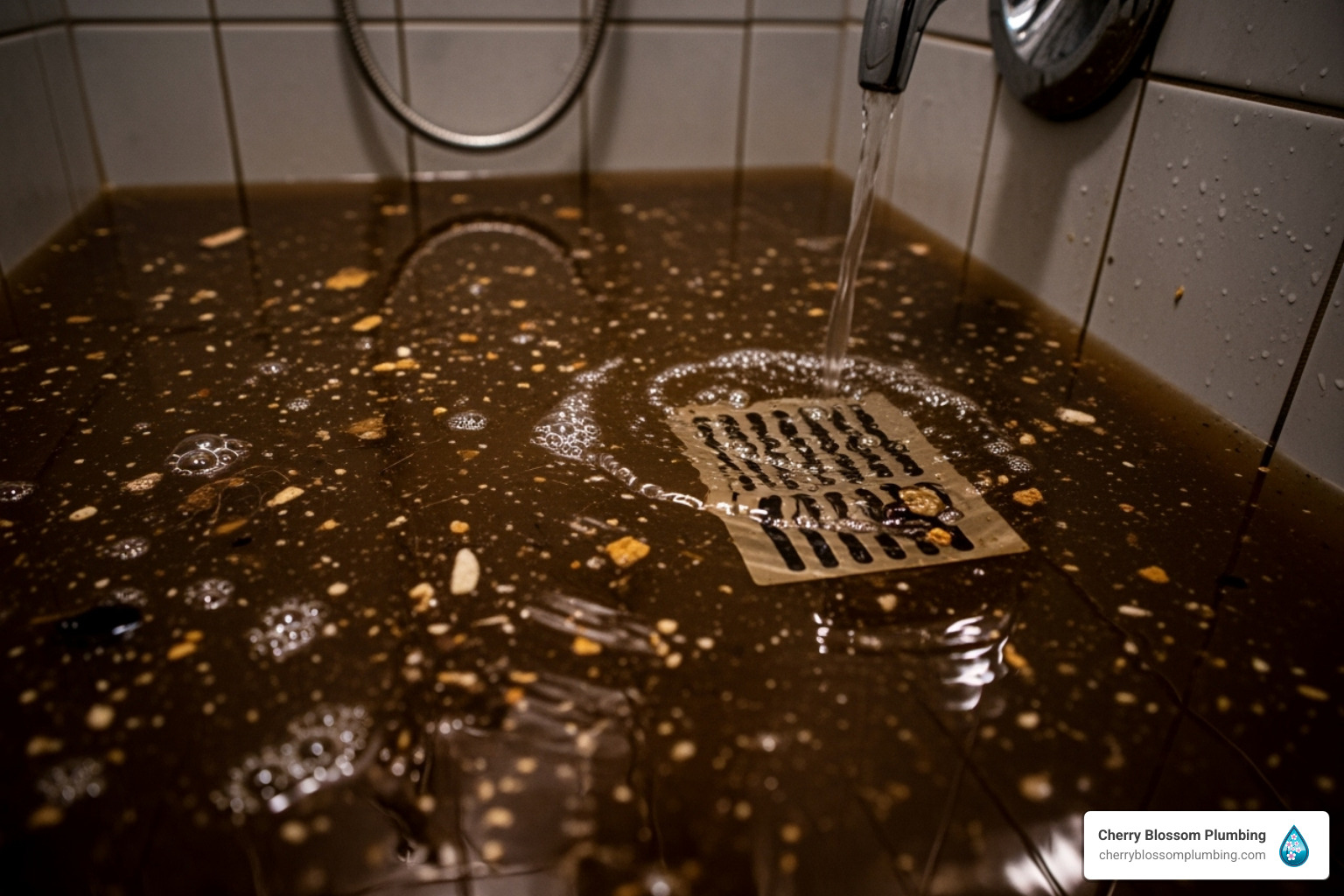 A sewer drain backing up into a shower with brown, murky water - Emergency plumber Fairfax VA