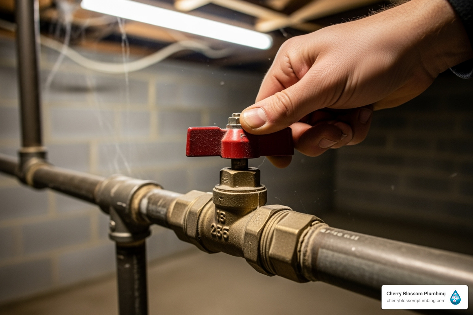 Image of a hand turning a main water shut-off valve - 24 hour plumber arlington
