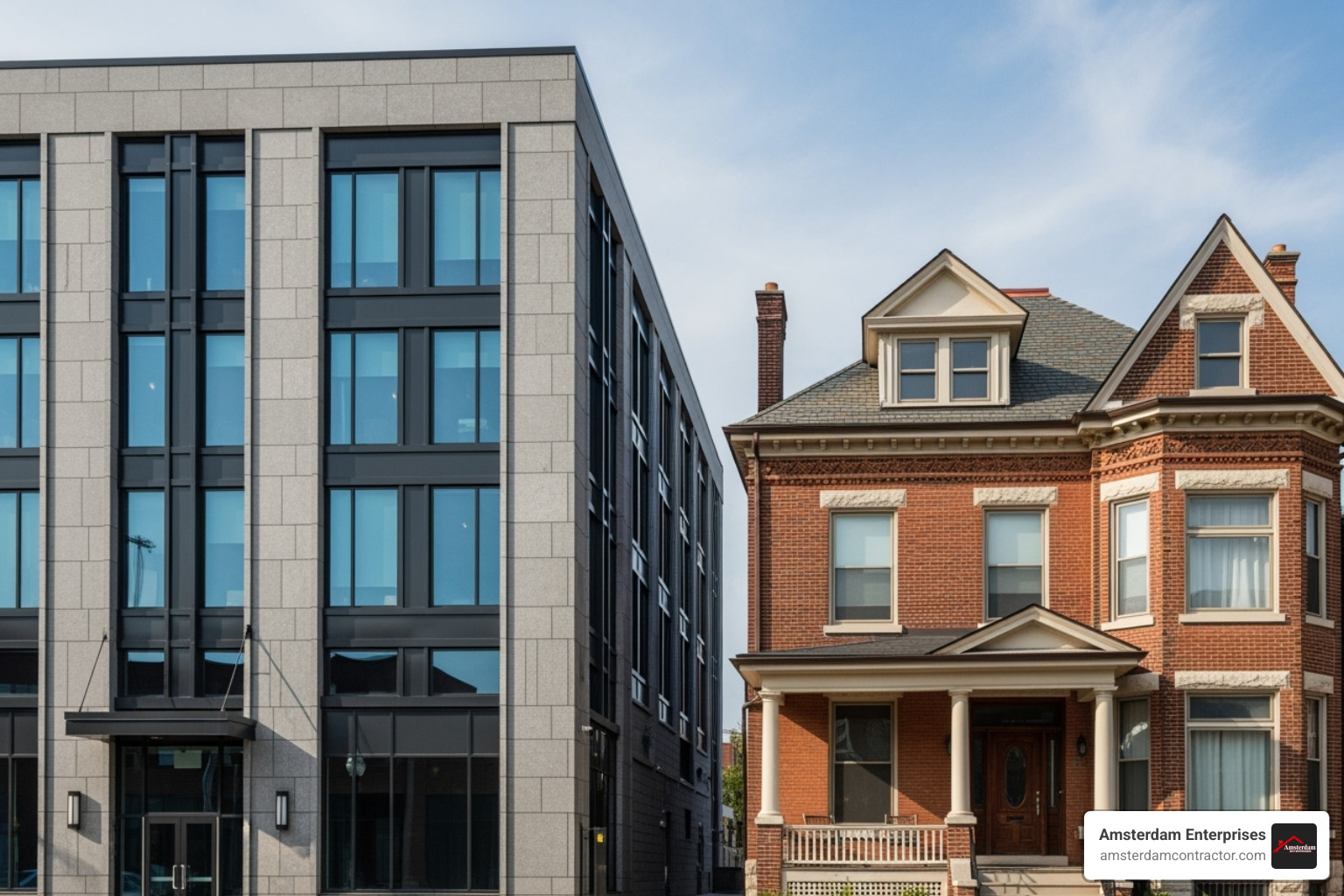 A modern commercial building with masonry features contrasted with a historic brick home - masonry company