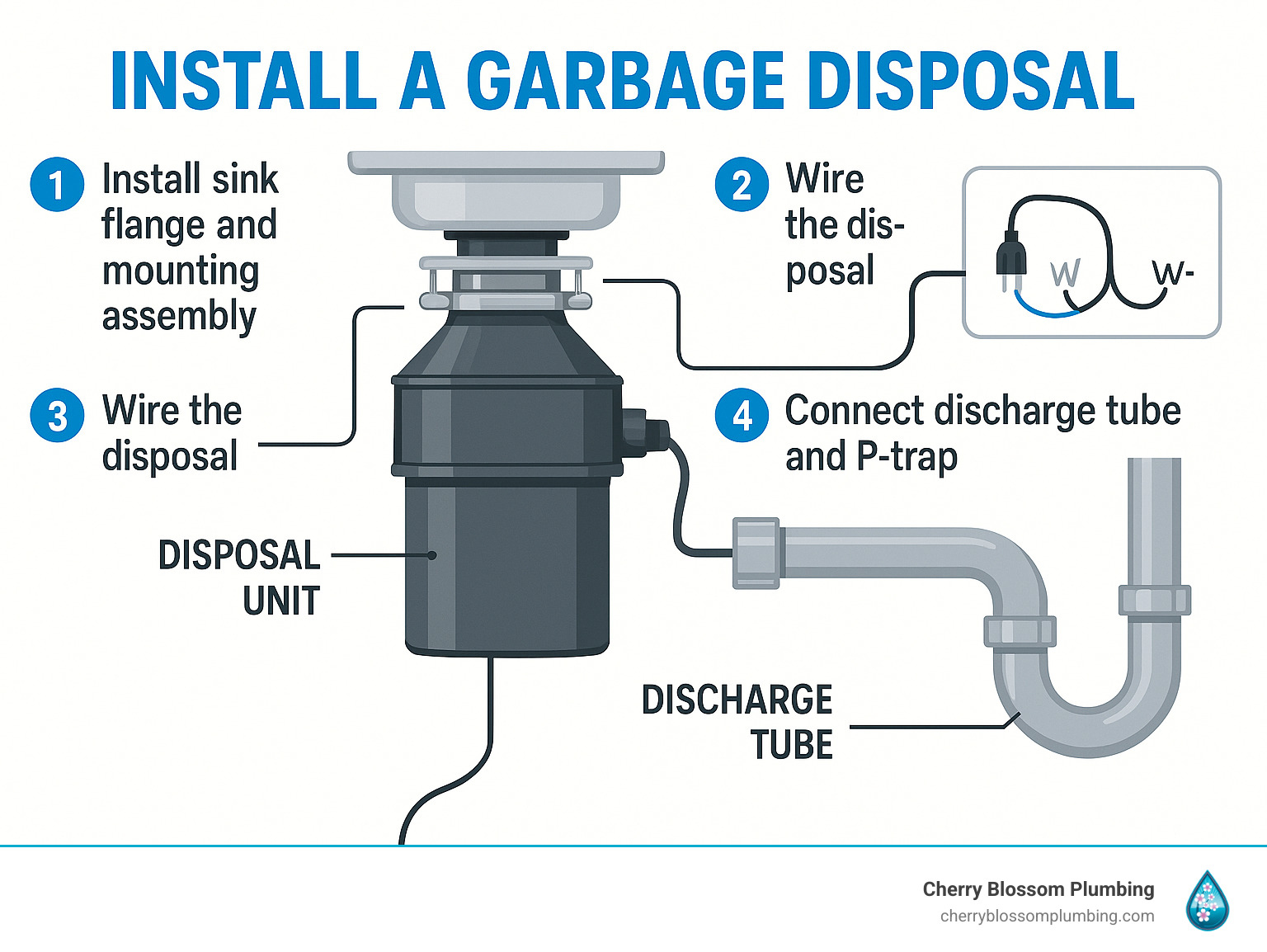 Step-by-step garbage disposal installation process showing the main components: sink flange, mounting assembly, disposal unit, discharge tube, and P-trap connections with electrical wiring diagram - install a garbage disposal infographic 